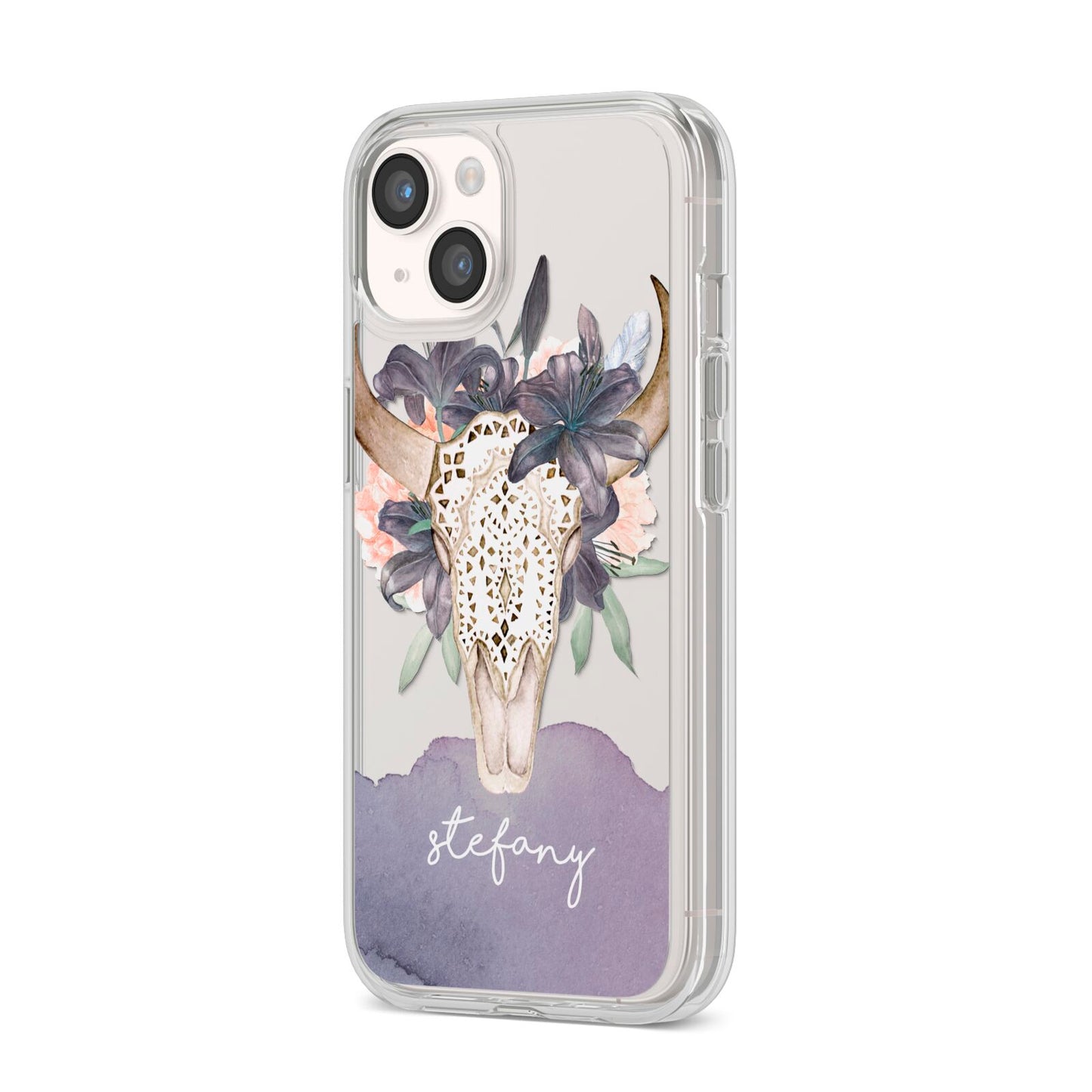 Personalised Bull s Head iPhone 14 Clear Tough Case Starlight Angled Image