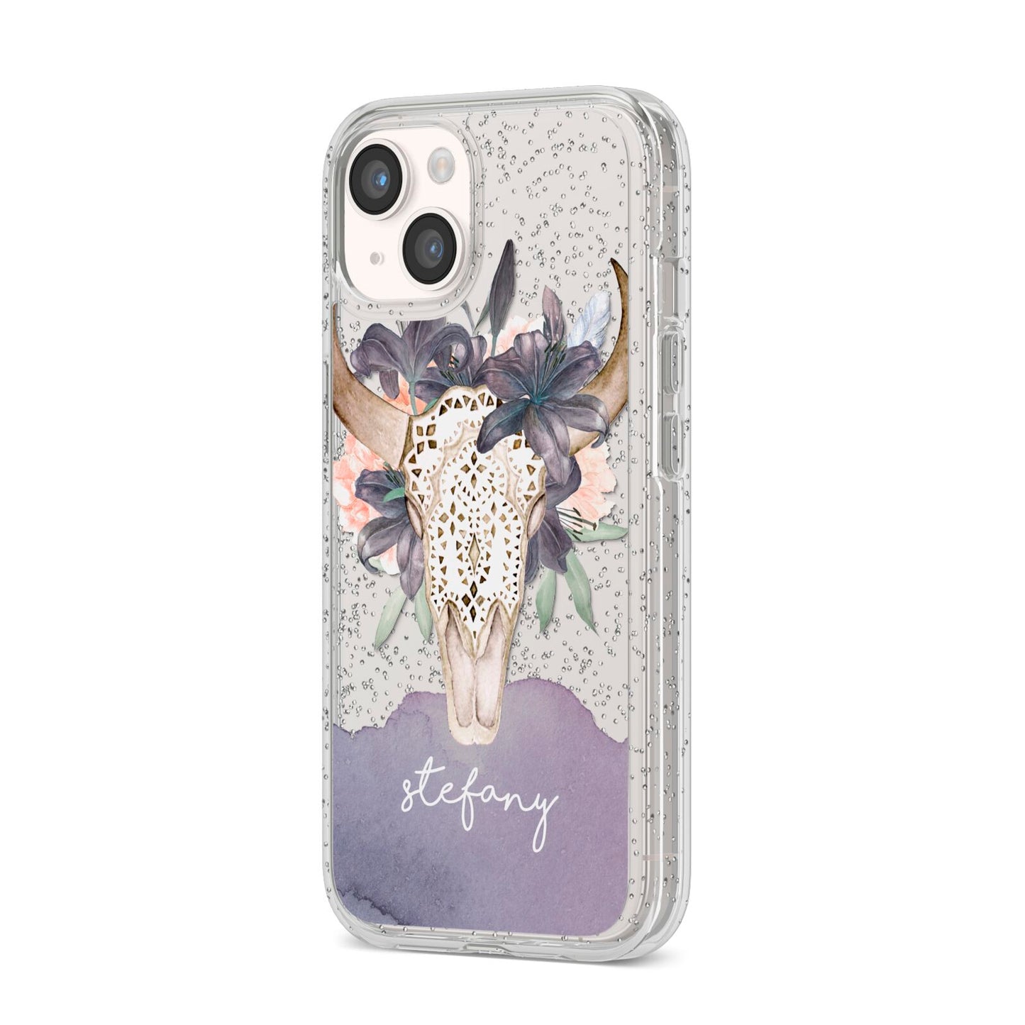 Personalised Bull s Head iPhone 14 Glitter Tough Case Starlight Angled Image