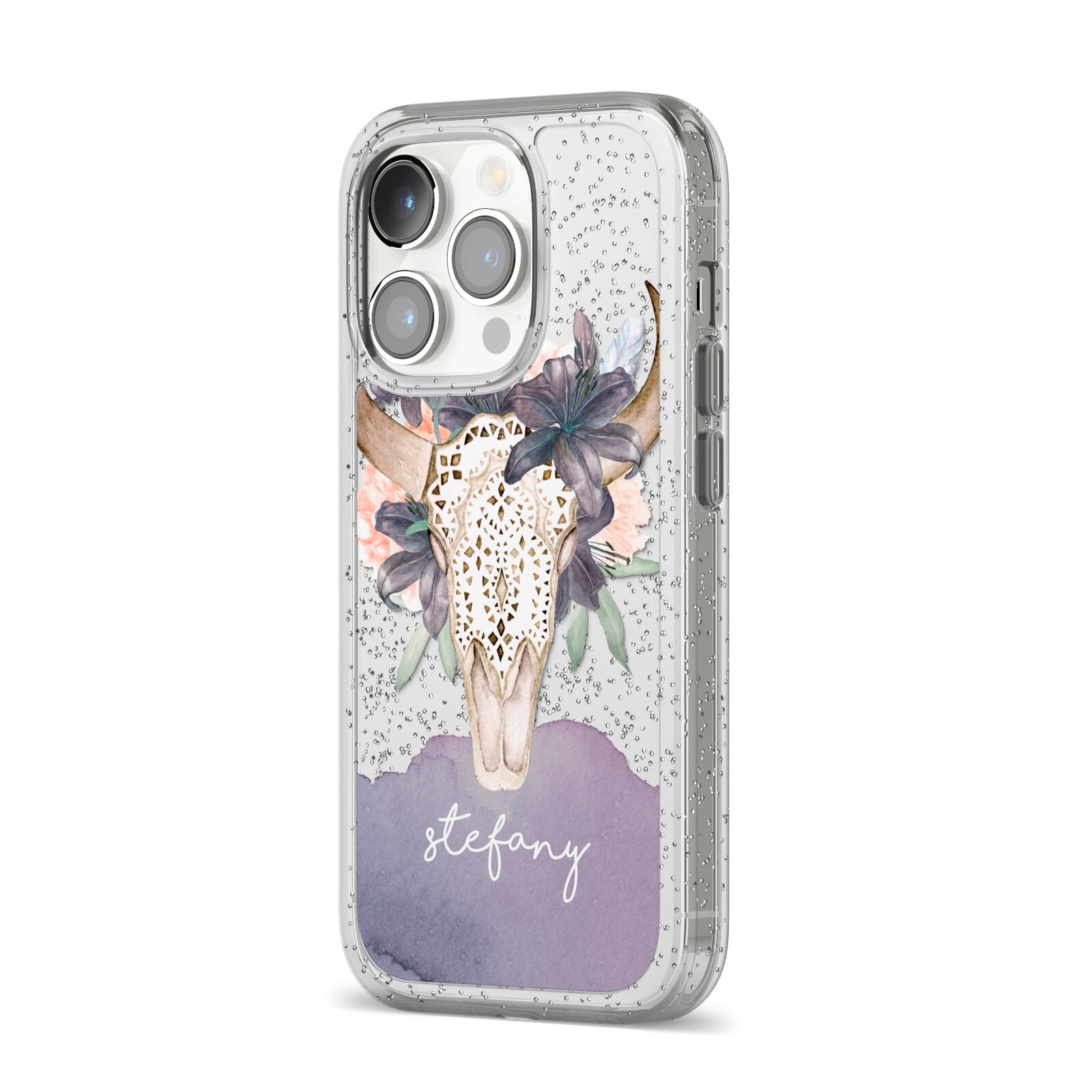 Personalised Bull s Head iPhone 14 Pro Glitter Tough Case Silver Angled Image