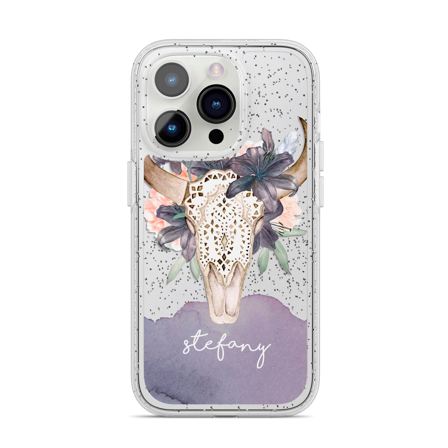 Personalised Bull s Head iPhone 14 Pro Glitter Tough Case Silver