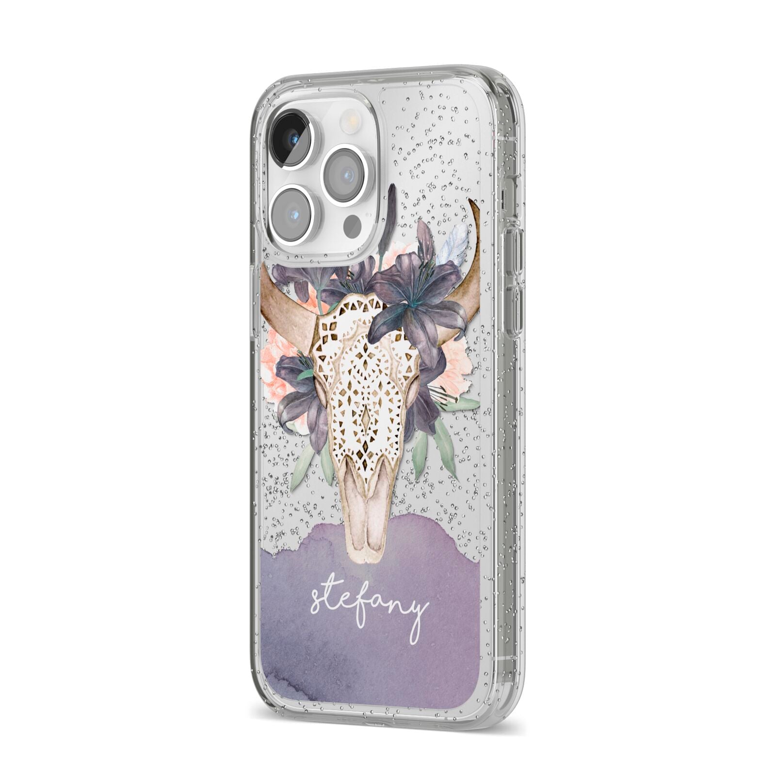 Personalised Bull s Head iPhone 14 Pro Max Glitter Tough Case Silver Angled Image