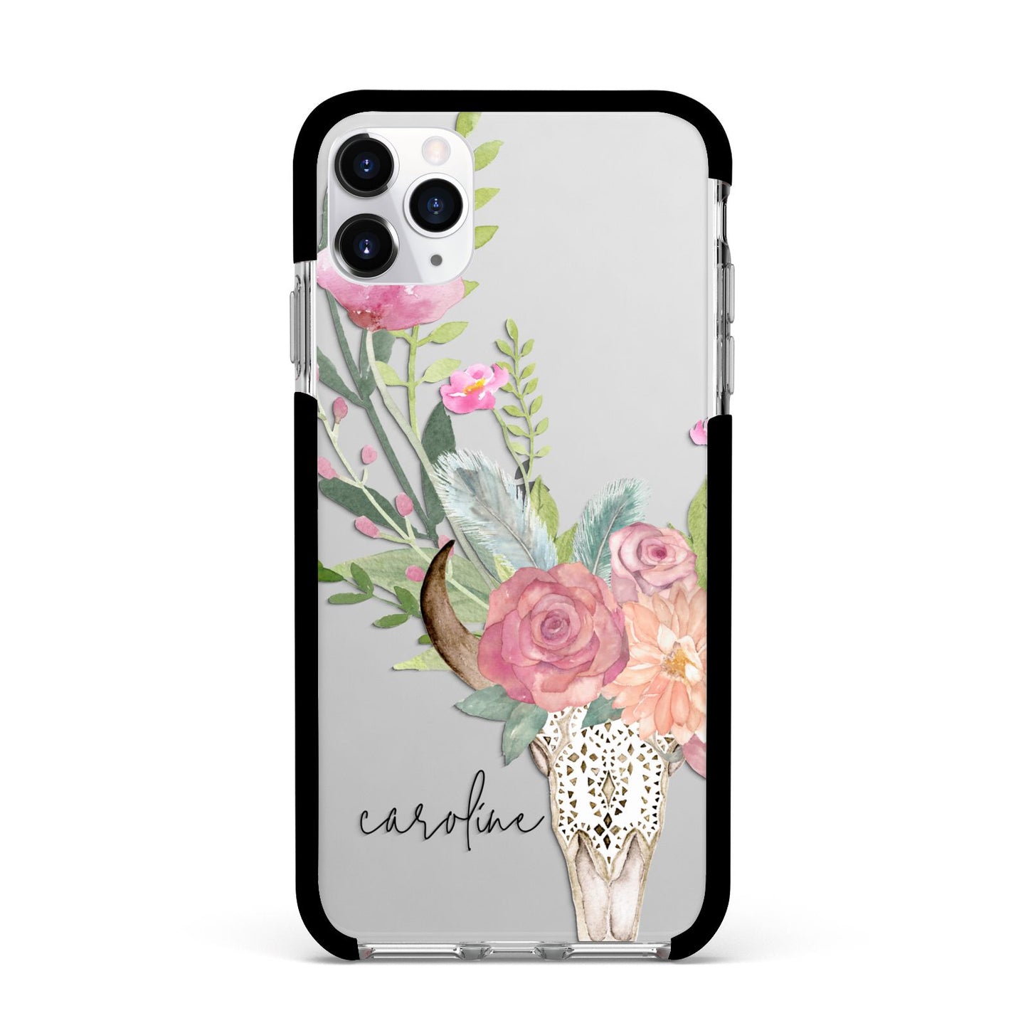 Personalised Bull s Skull Apple iPhone 11 Pro Max in Silver with Black Impact Case