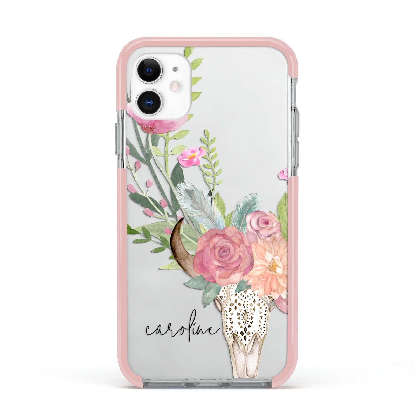 Personalised Bull s Skull Apple iPhone 11 in White with Pink Impact Case