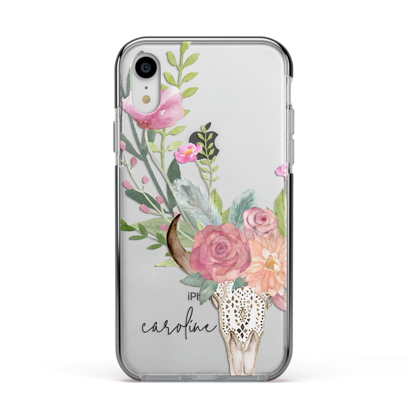 Personalised Bull s Skull Apple iPhone XR Impact Case Black Edge on Silver Phone