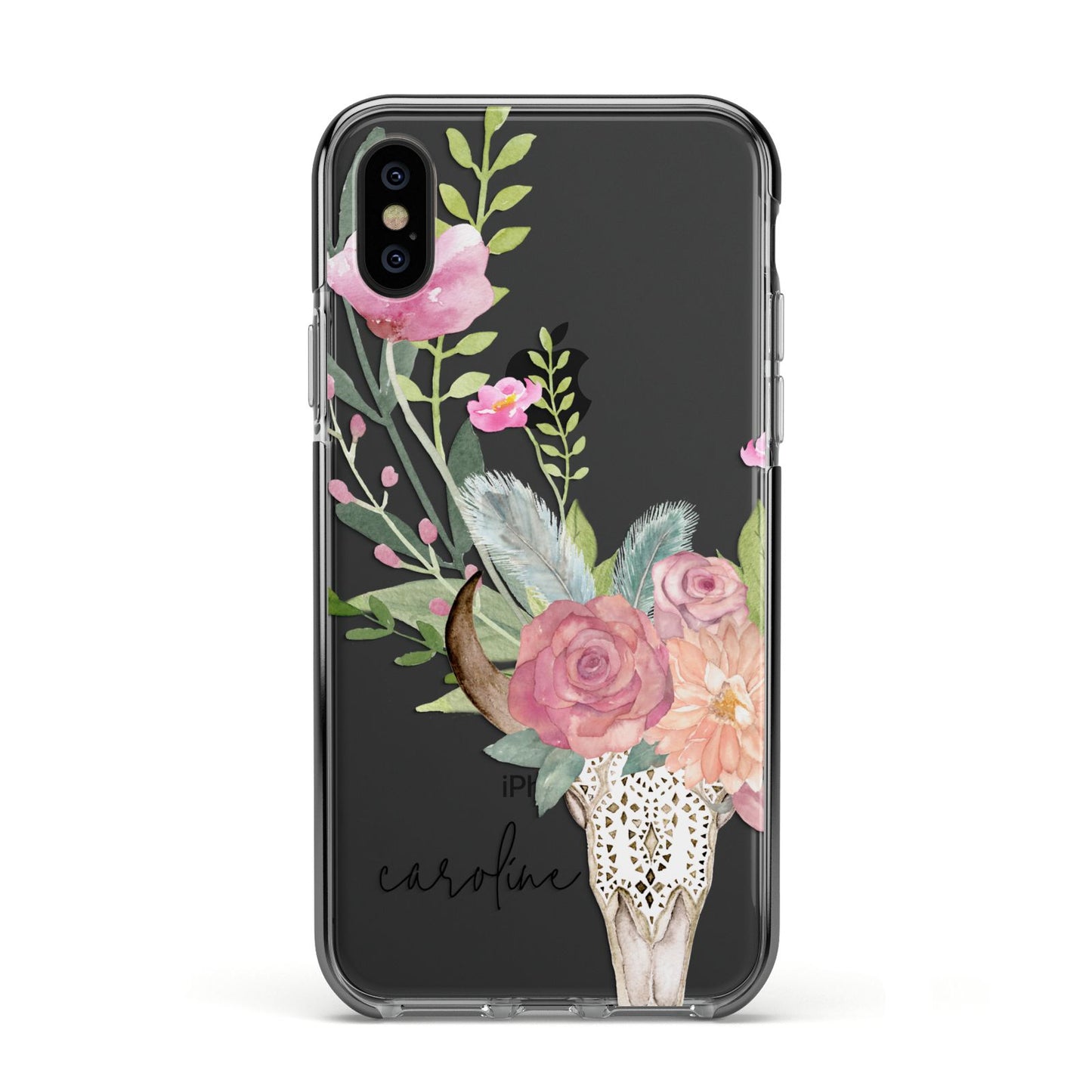 Personalised Bull s Skull Apple iPhone Xs Impact Case Black Edge on Black Phone