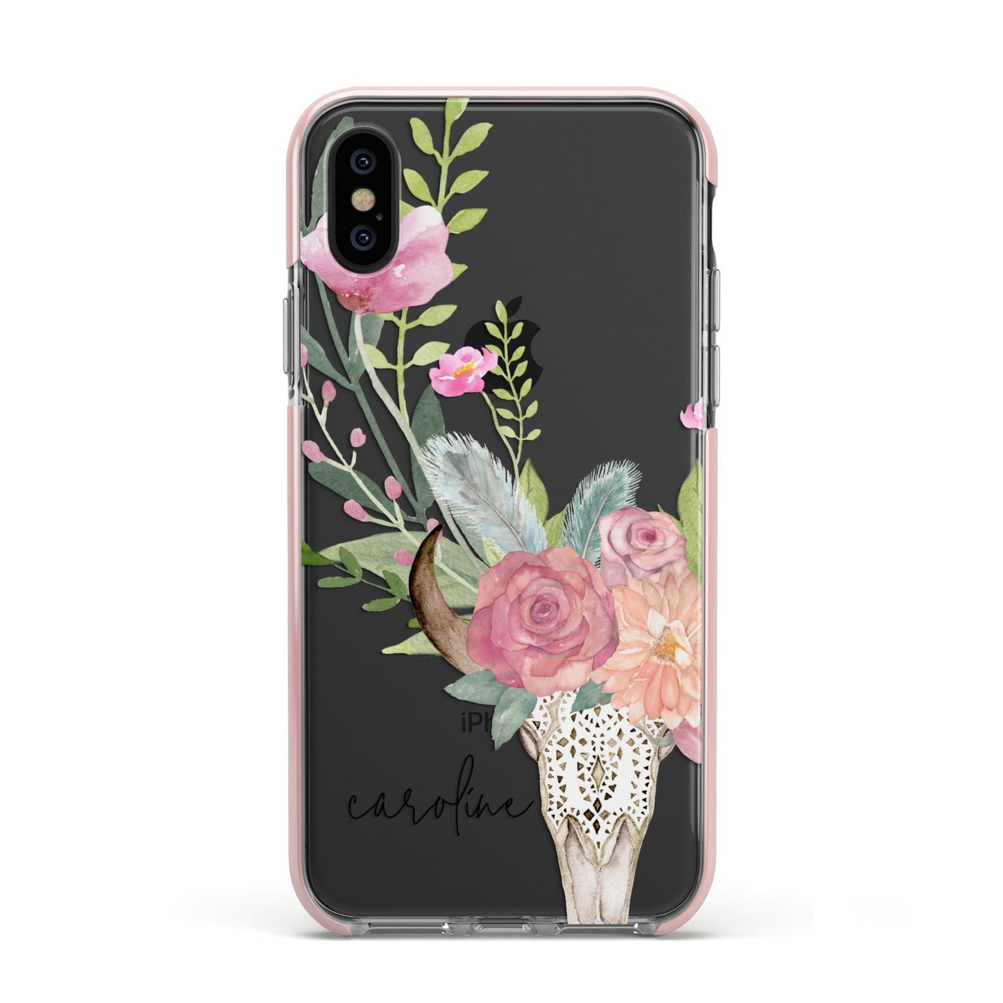 Personalised Bull s Skull Apple iPhone Xs Impact Case Pink Edge on Black Phone