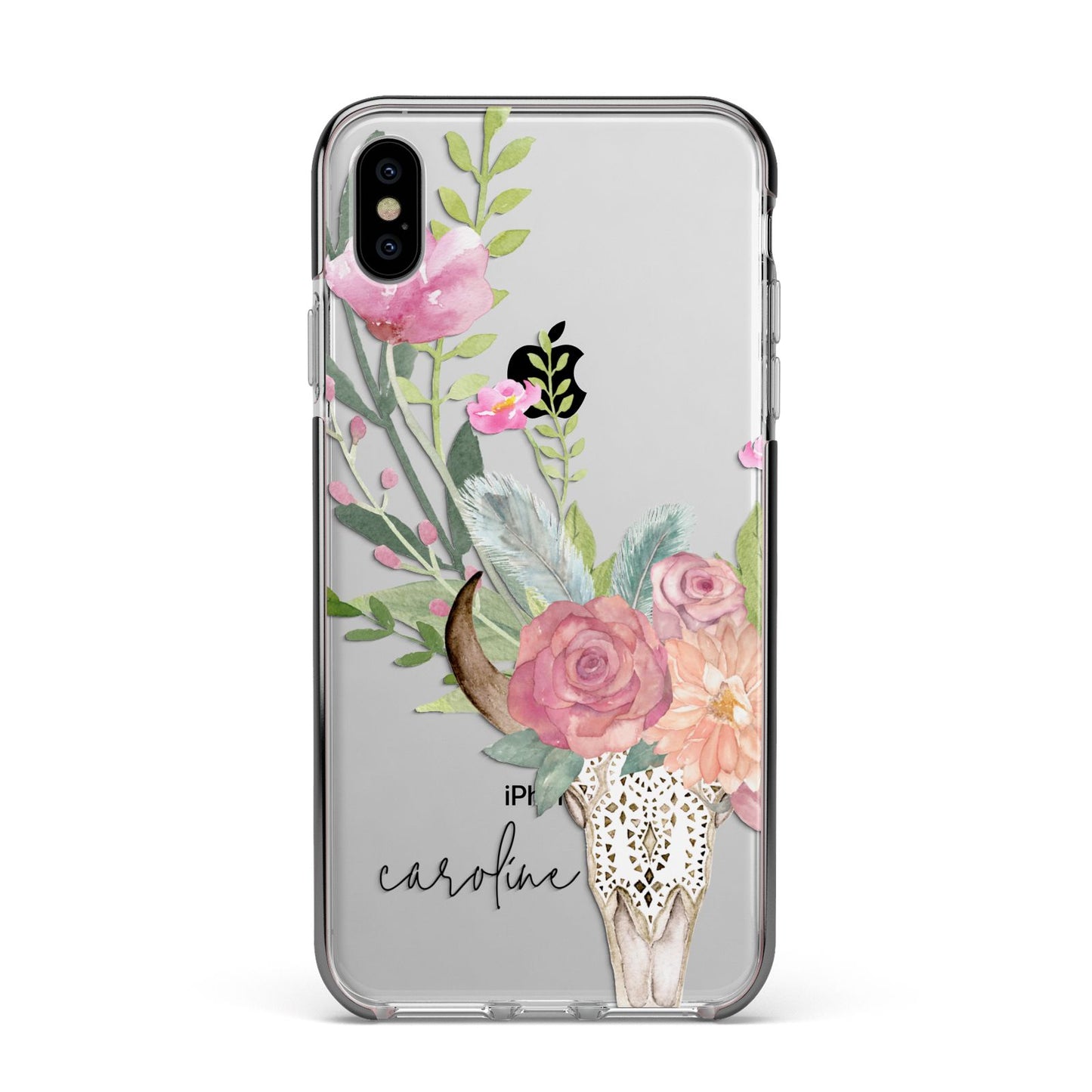 Personalised Bull s Skull Apple iPhone Xs Max Impact Case Black Edge on Silver Phone