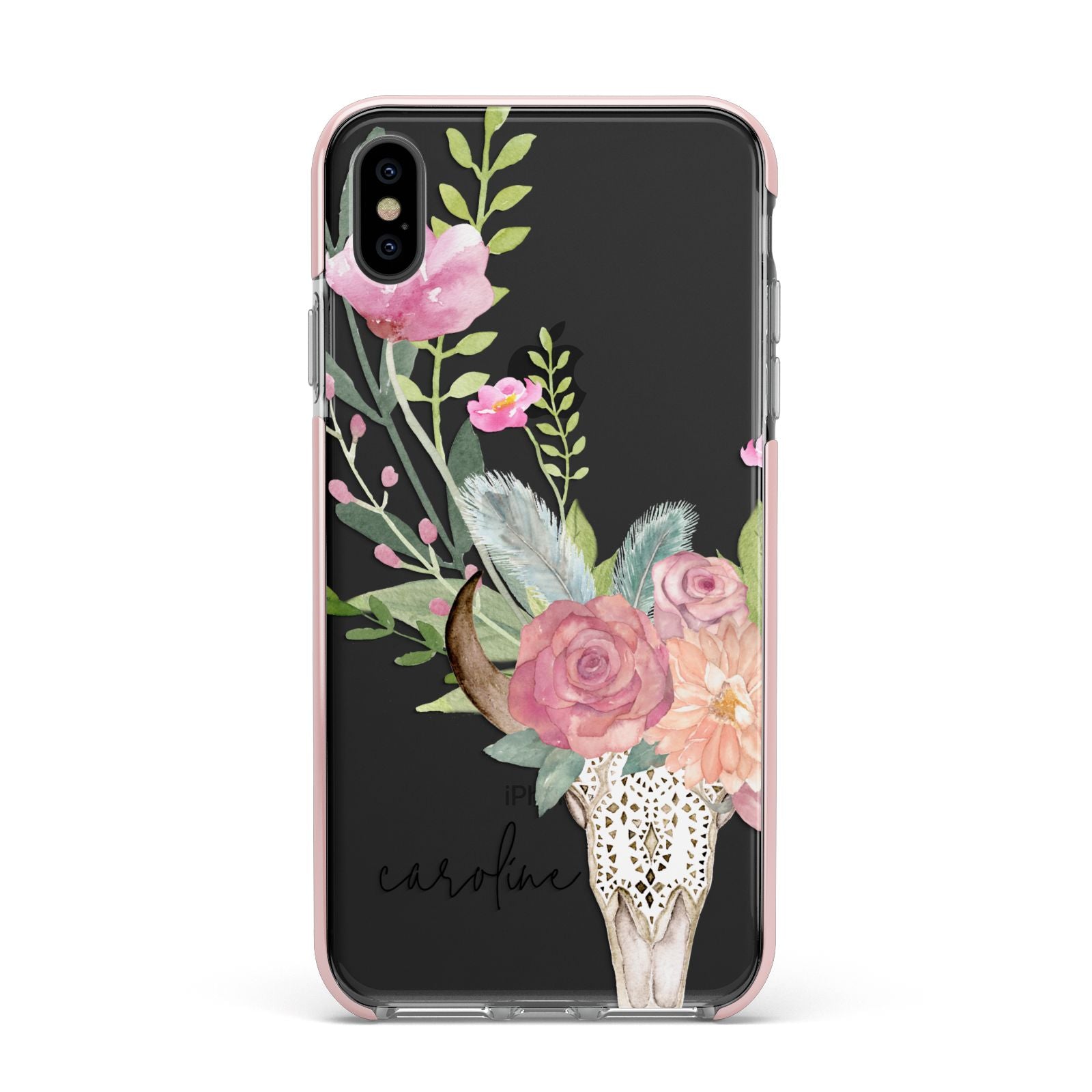 Personalised Bull s Skull Apple iPhone Xs Max Impact Case Pink Edge on Black Phone