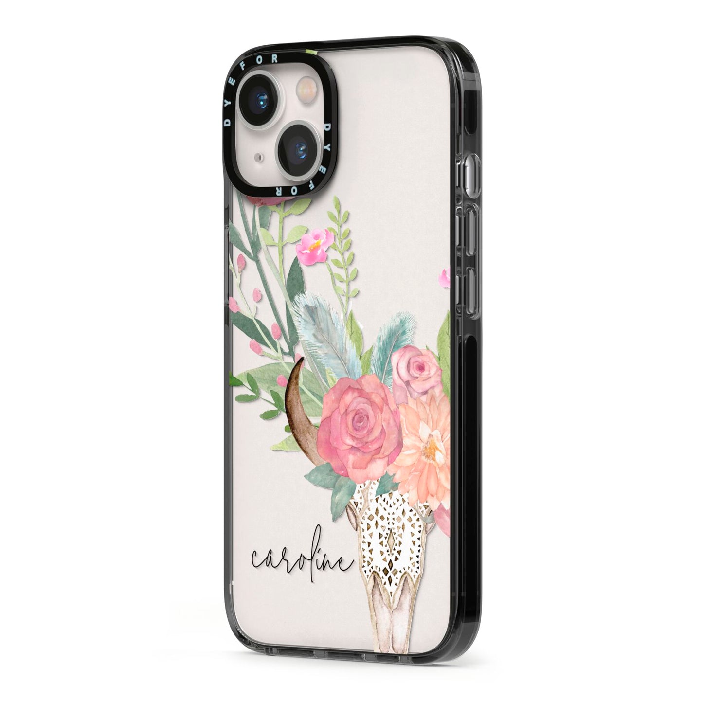 Personalised Bull s Skull iPhone 13 Black Impact Case Side Angle on Silver phone