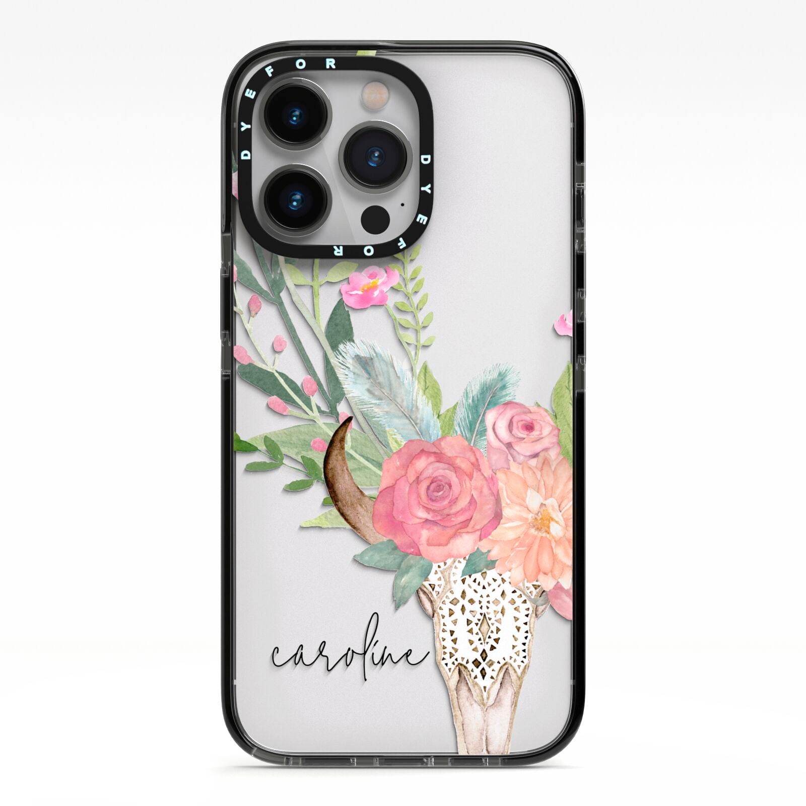 Personalised Bull s Skull iPhone 13 Pro Black Impact Case on Silver phone