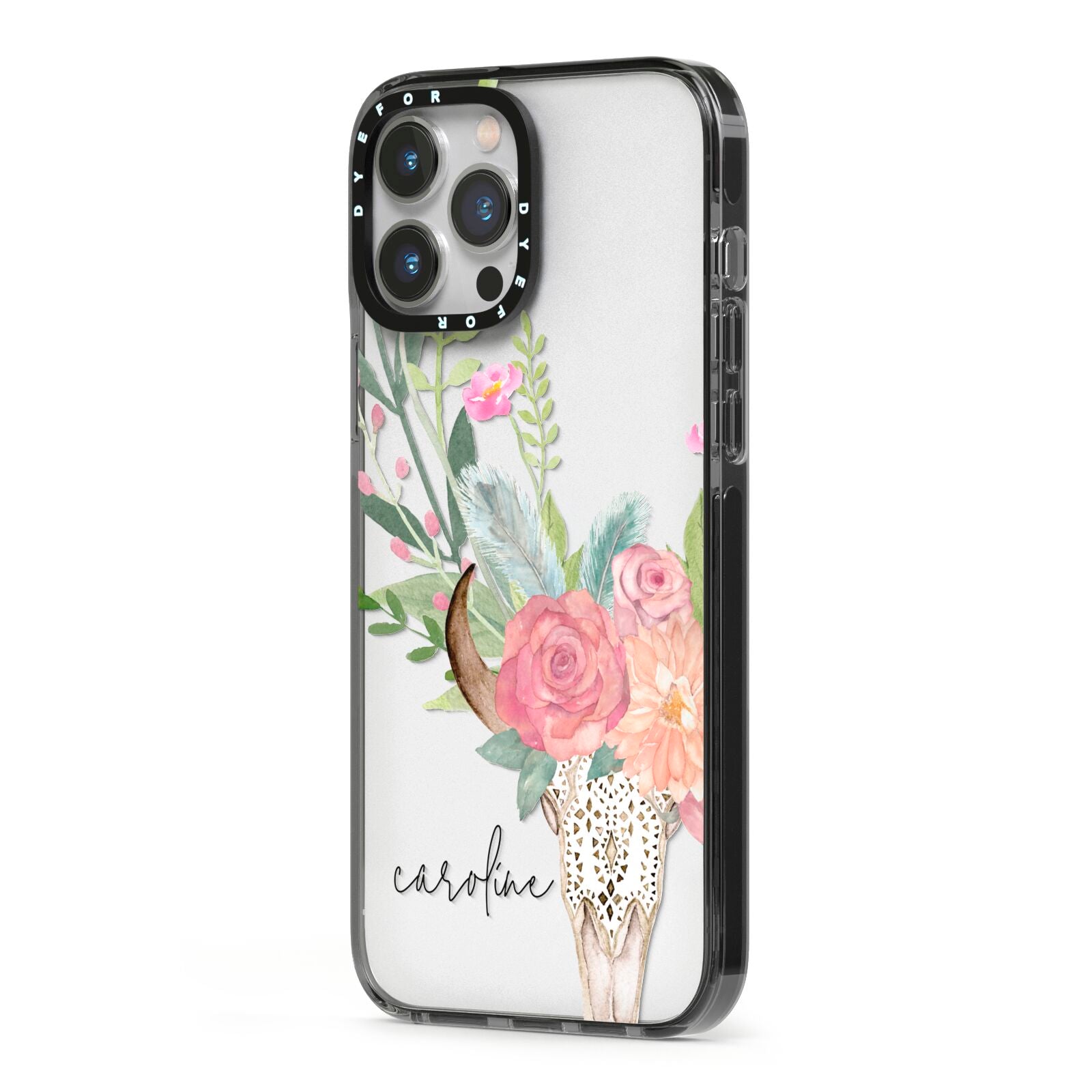 Personalised Bull s Skull iPhone 13 Pro Max Black Impact Case Side Angle on Silver phone