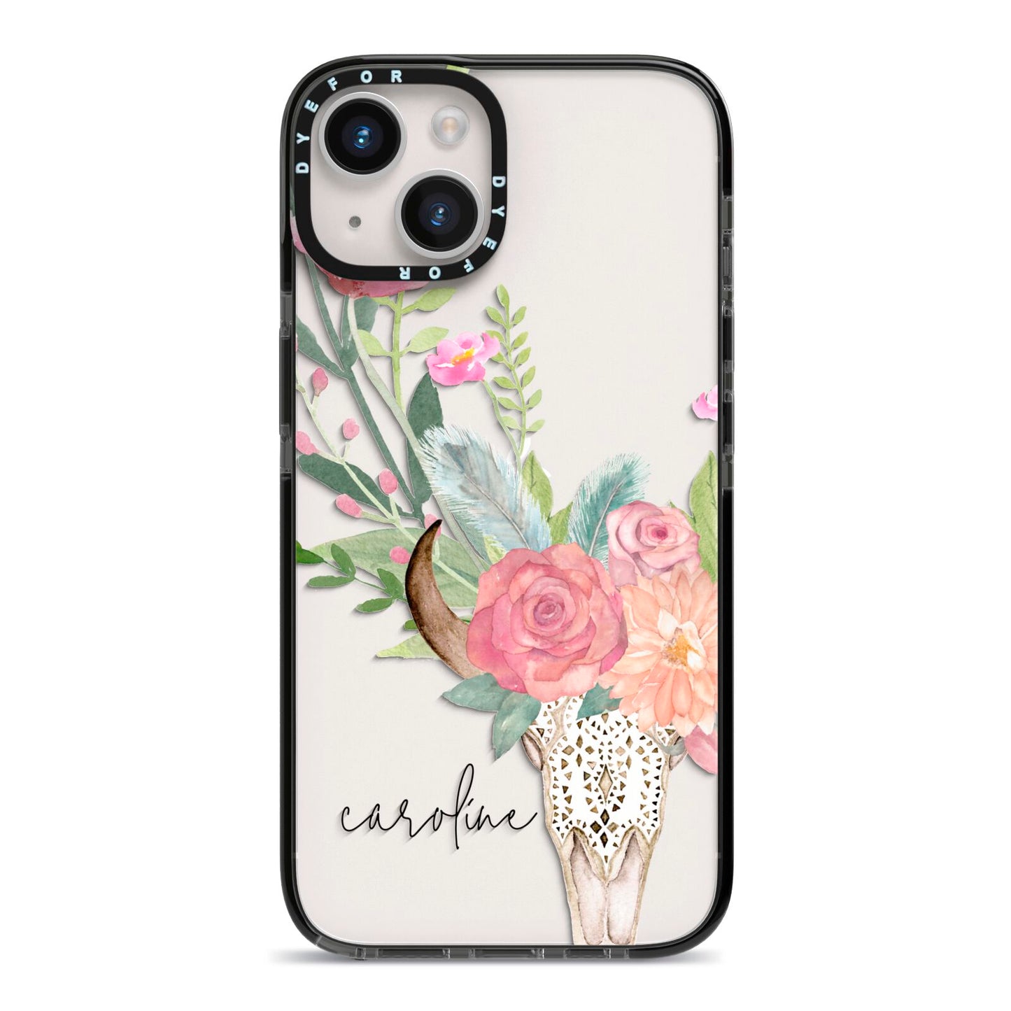 Personalised Bull s Skull iPhone 14 Black Impact Case on Silver phone