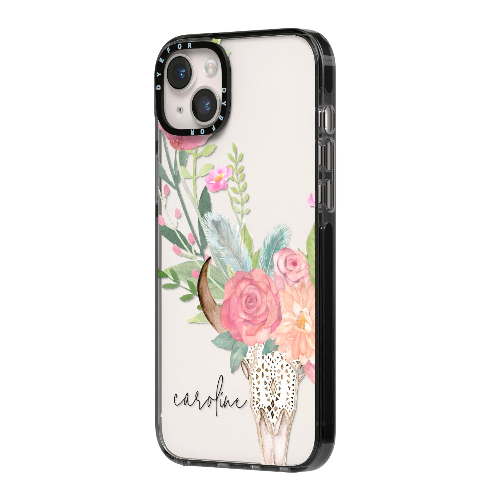 Personalised Bull s Skull iPhone 14 Plus Black Impact Case Side Angle on Silver phone