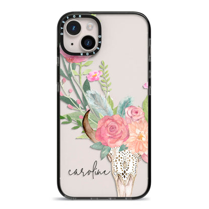 Personalised Bull s Skull iPhone 14 Plus Black Impact Case on Silver phone