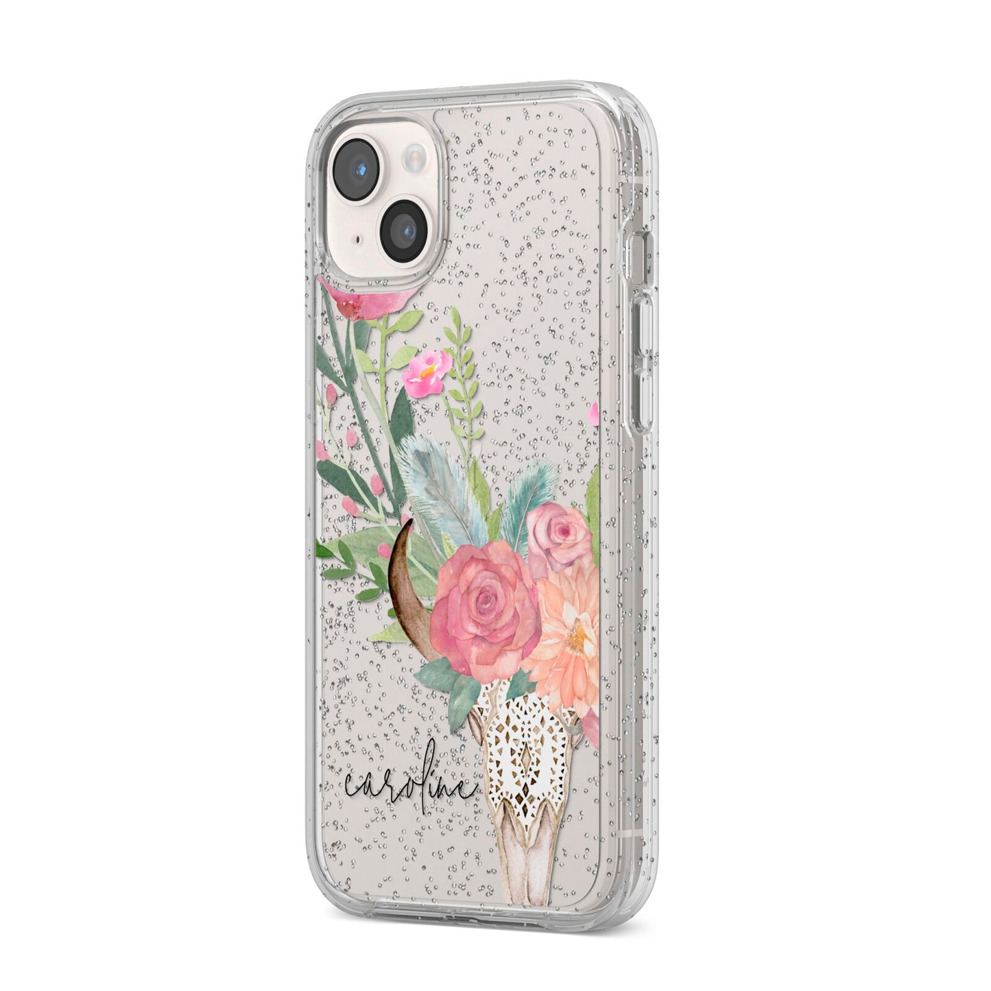 Personalised Bull s Skull iPhone 14 Plus Glitter Tough Case Starlight Angled Image
