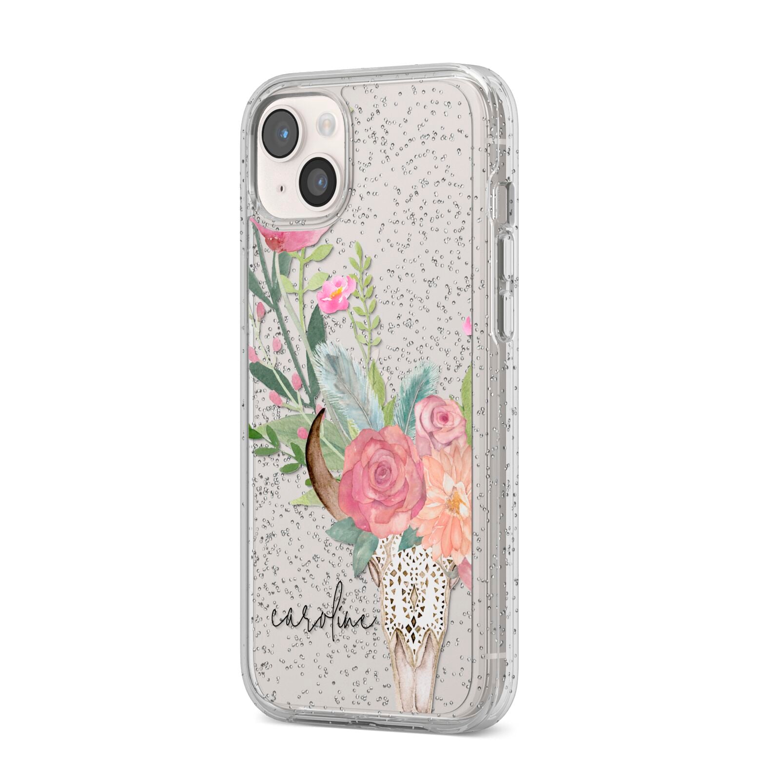 Personalised Bull s Skull iPhone 14 Plus Glitter Tough Case Starlight Angled Image