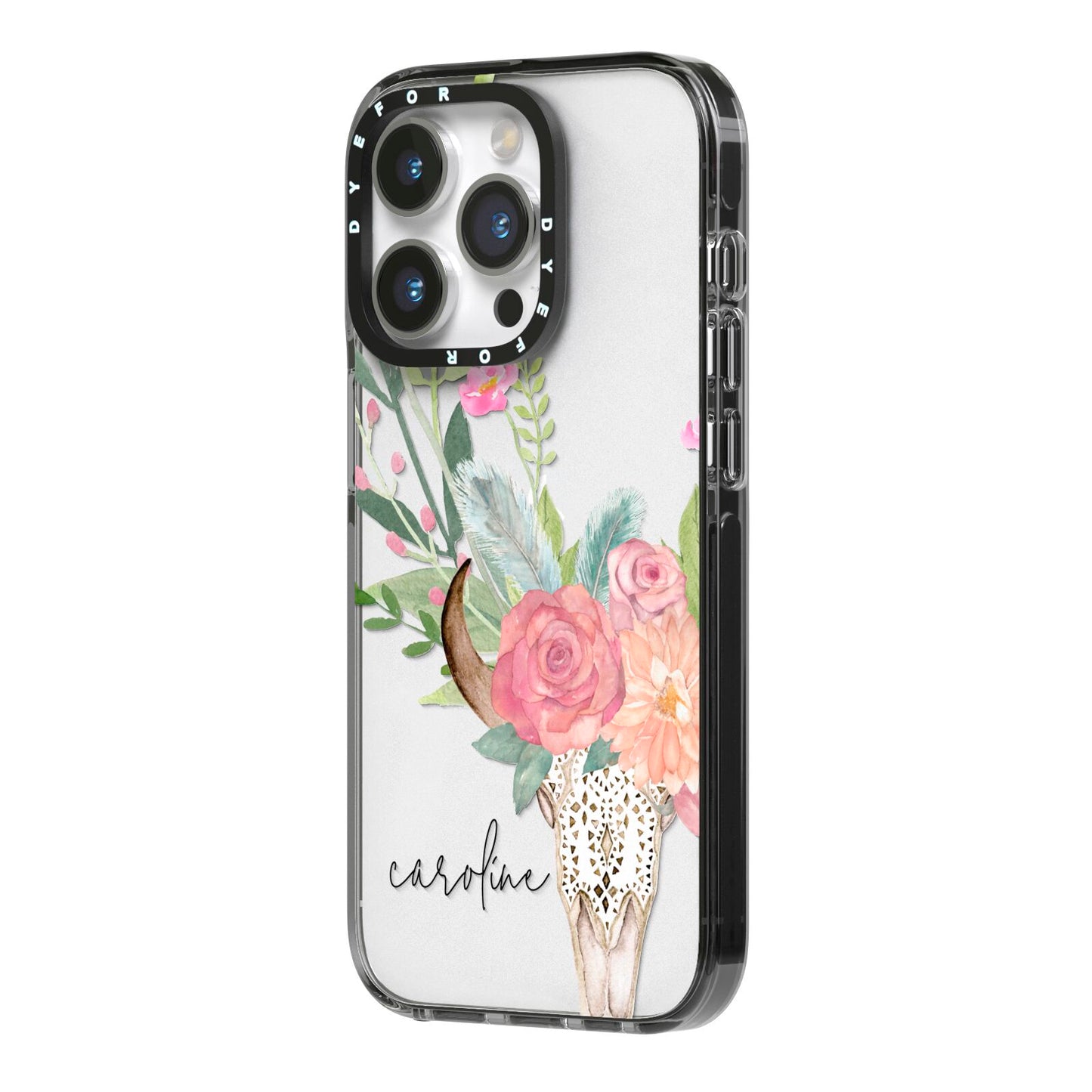 Personalised Bull s Skull iPhone 14 Pro Black Impact Case Side Angle on Silver phone