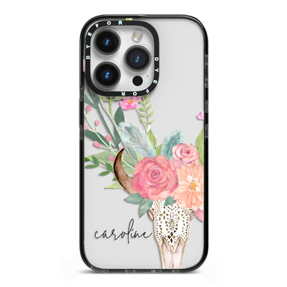 Personalised Bull s Skull iPhone 14 Pro Black Impact Case on Silver phone