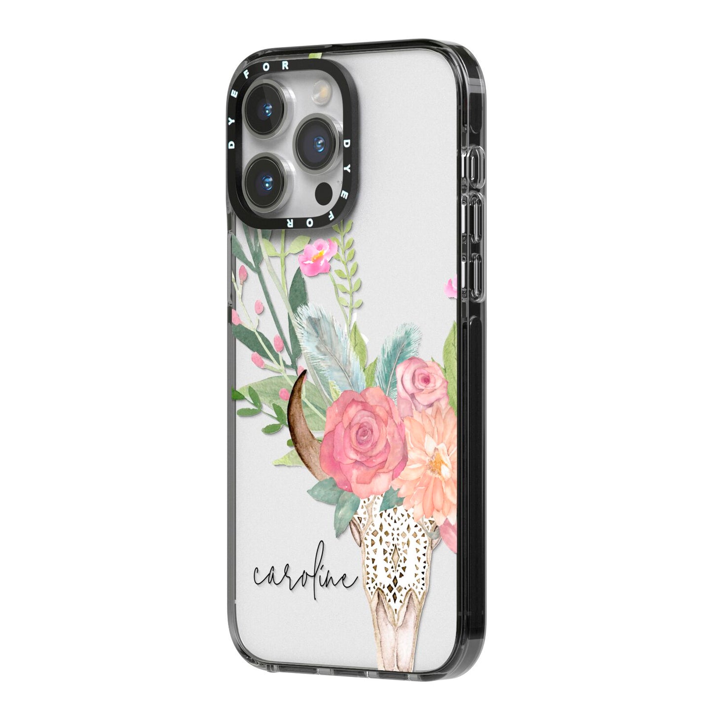 Personalised Bull s Skull iPhone 14 Pro Max Black Impact Case Side Angle on Silver phone