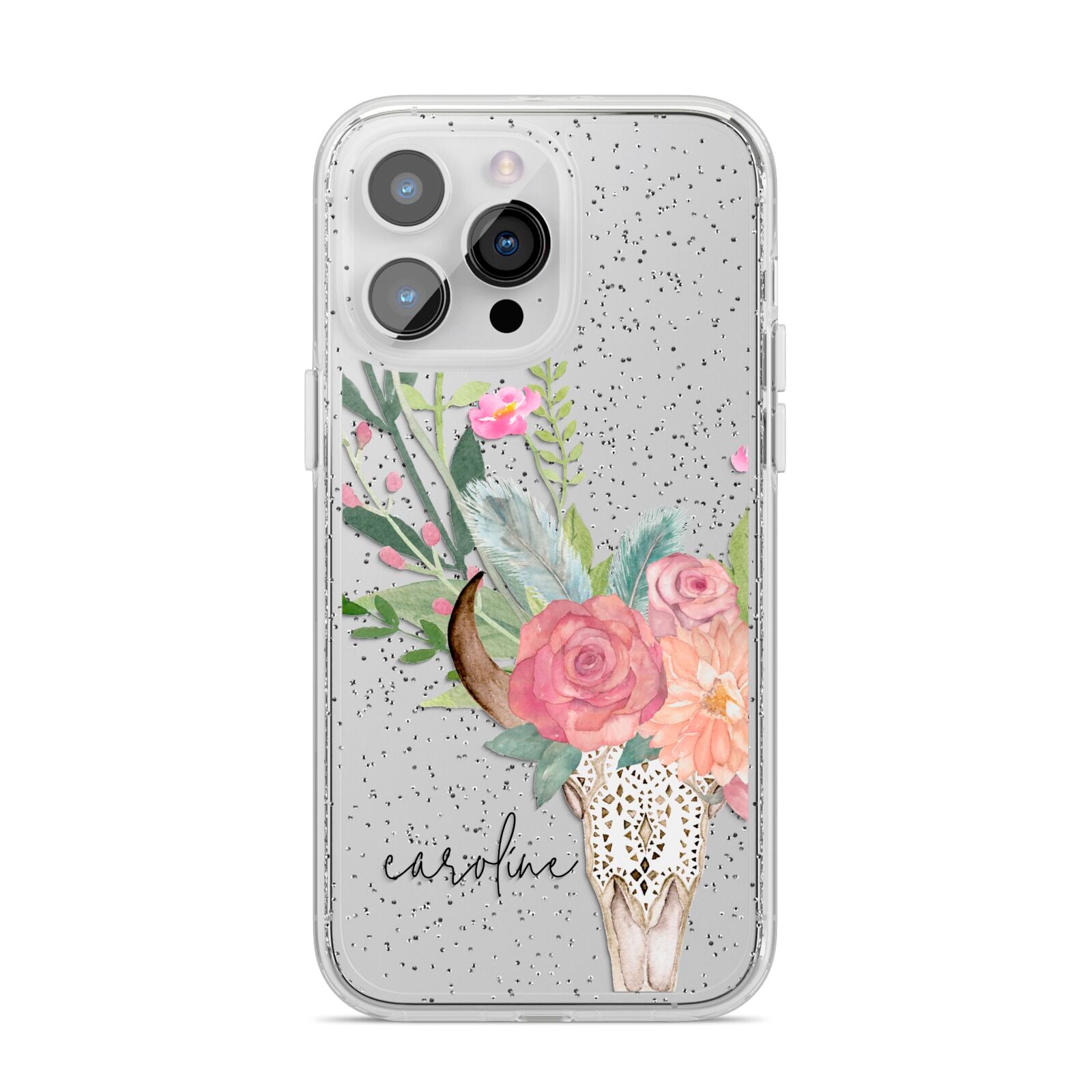 Personalised Bull s Skull iPhone 14 Pro Max Glitter Tough Case Silver