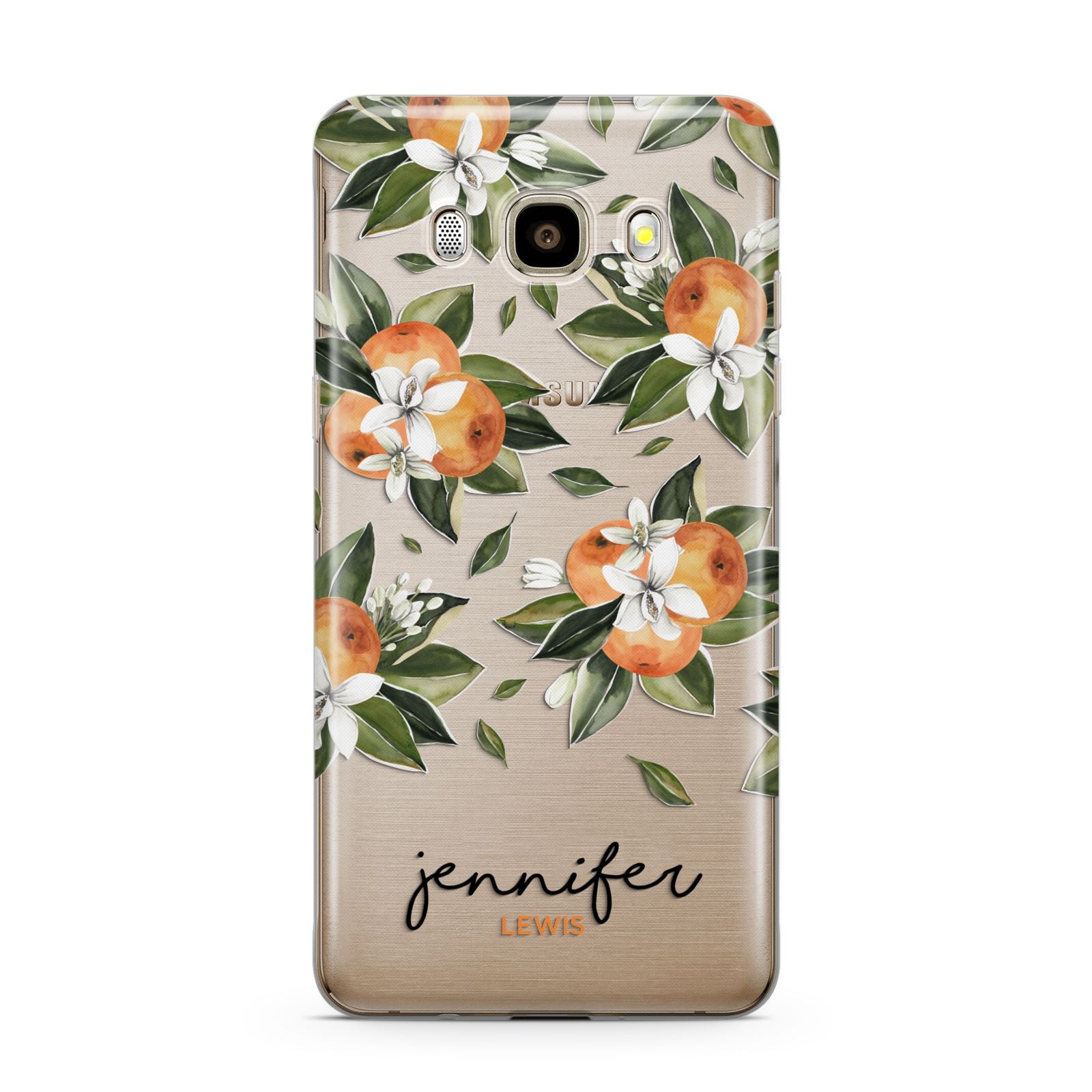 Personalised Bunch of Oranges Samsung Galaxy J7 2016 Case on gold phone