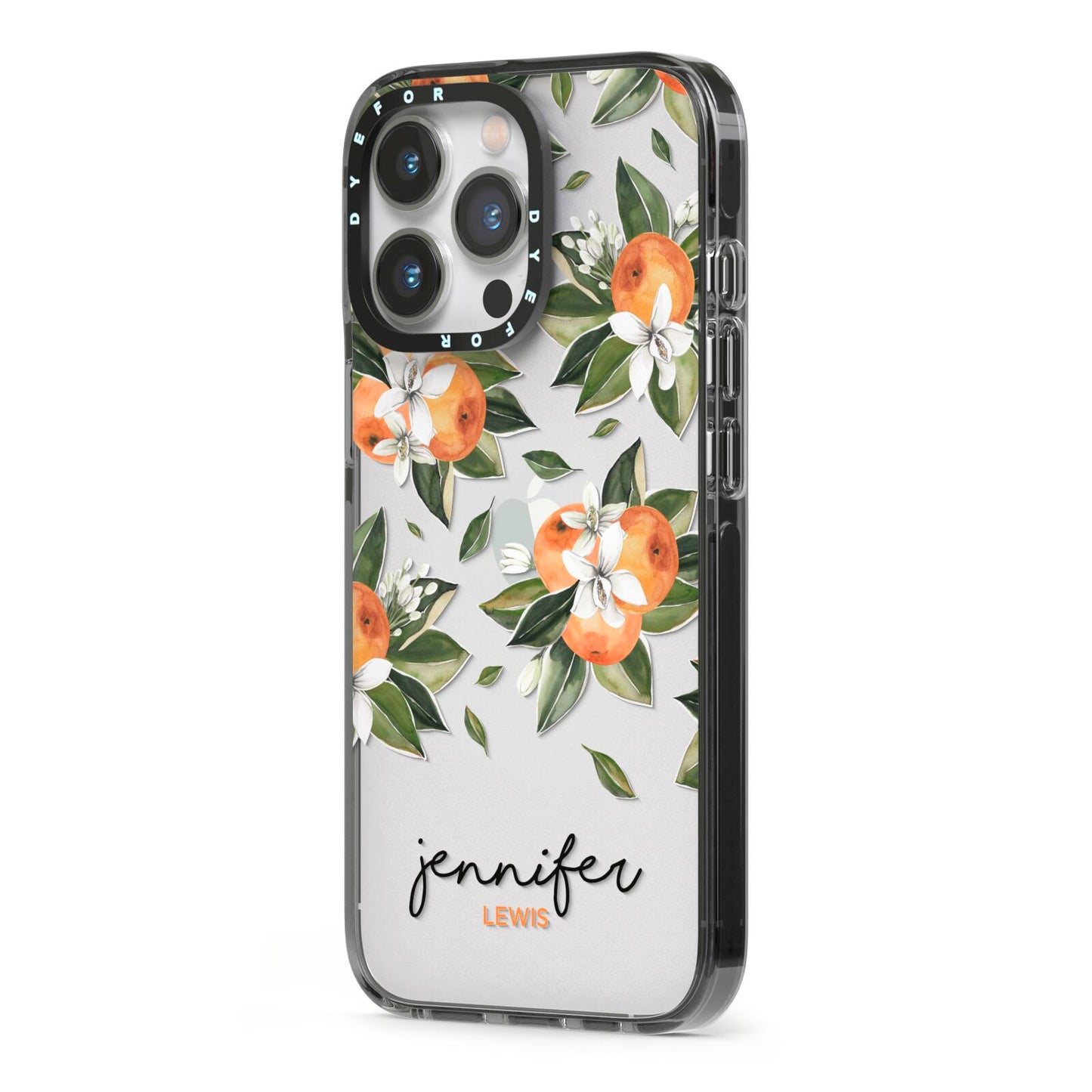 Personalised Bunch of Oranges iPhone 13 Pro Black Impact Case Side Angle on Silver phone