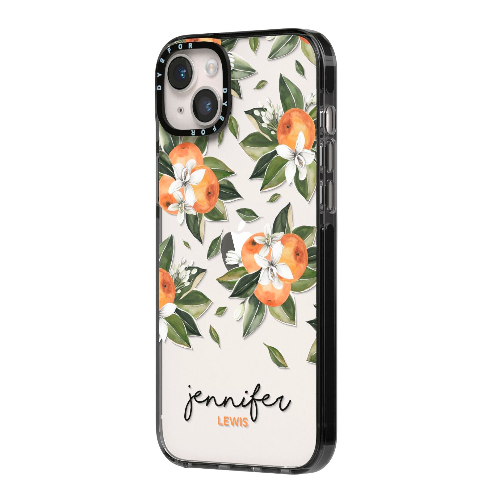 Personalised Bunch of Oranges iPhone 14 Plus Black Impact Case Side Angle on Silver phone