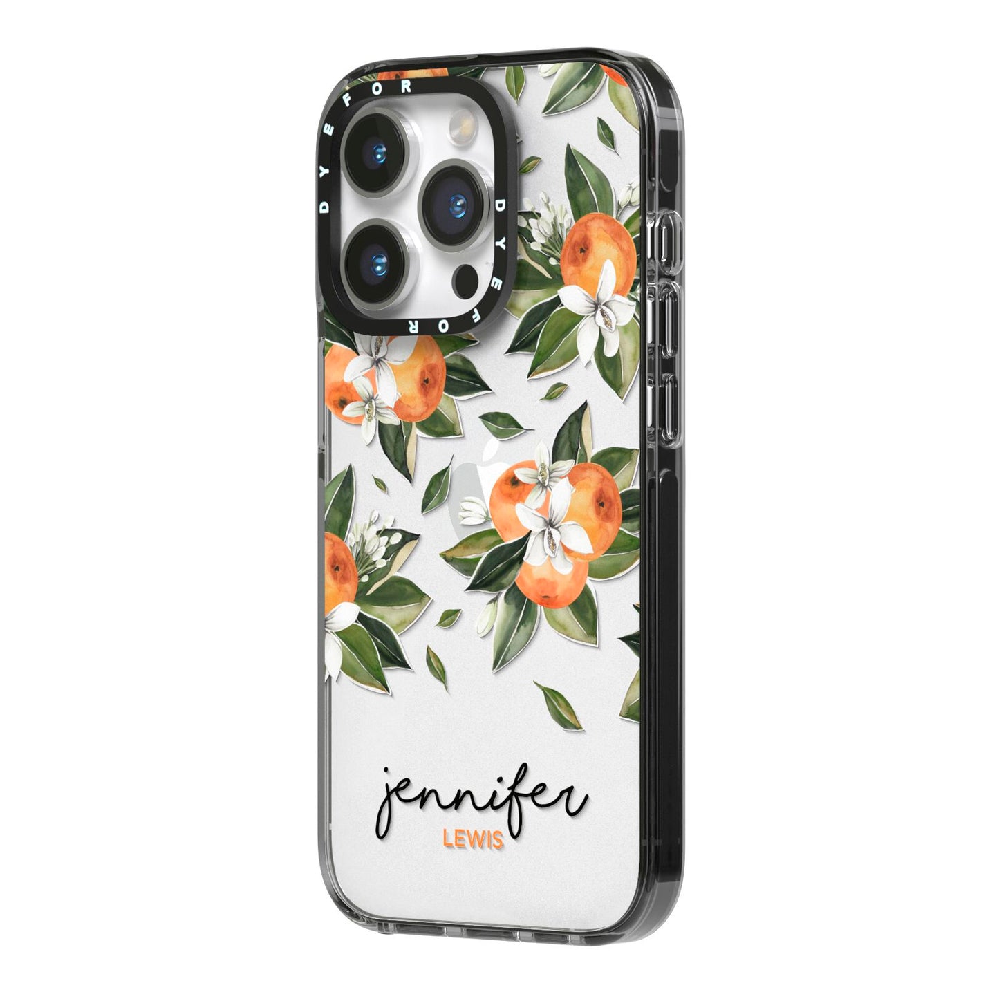 Personalised Bunch of Oranges iPhone 14 Pro Black Impact Case Side Angle on Silver phone