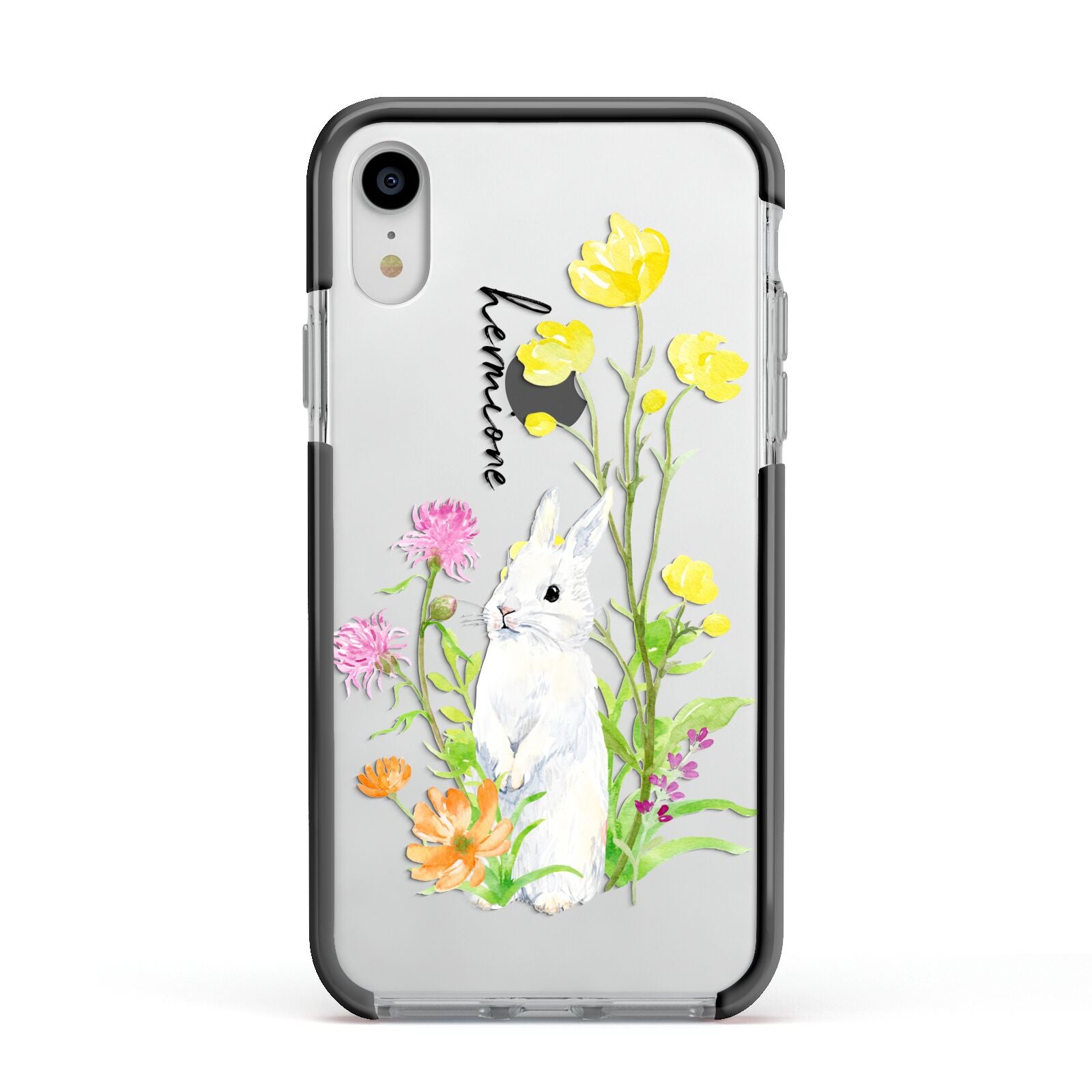 Personalised Bunny Rabbit Apple iPhone XR Impact Case Black Edge on Silver Phone