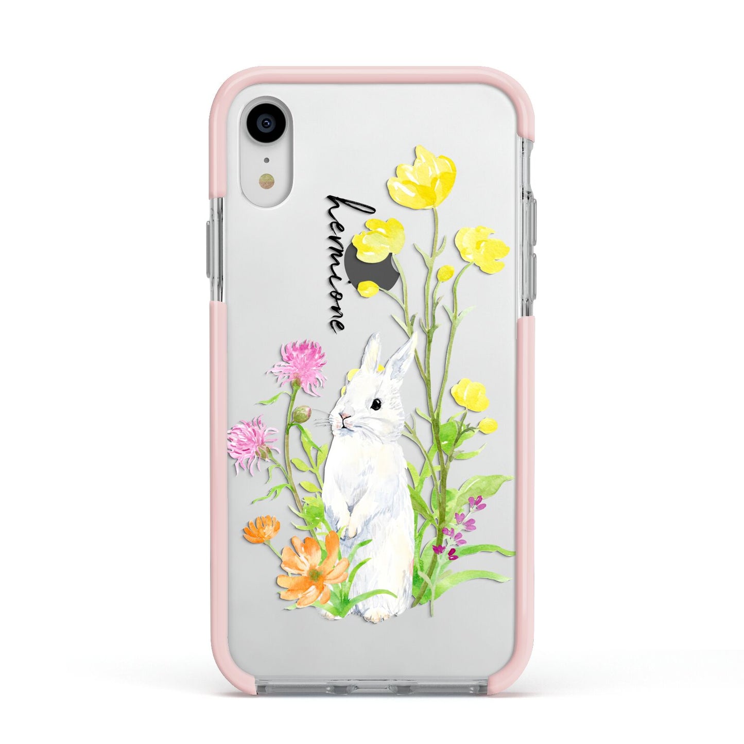 Personalised Bunny Rabbit Apple iPhone XR Impact Case Pink Edge on Silver Phone