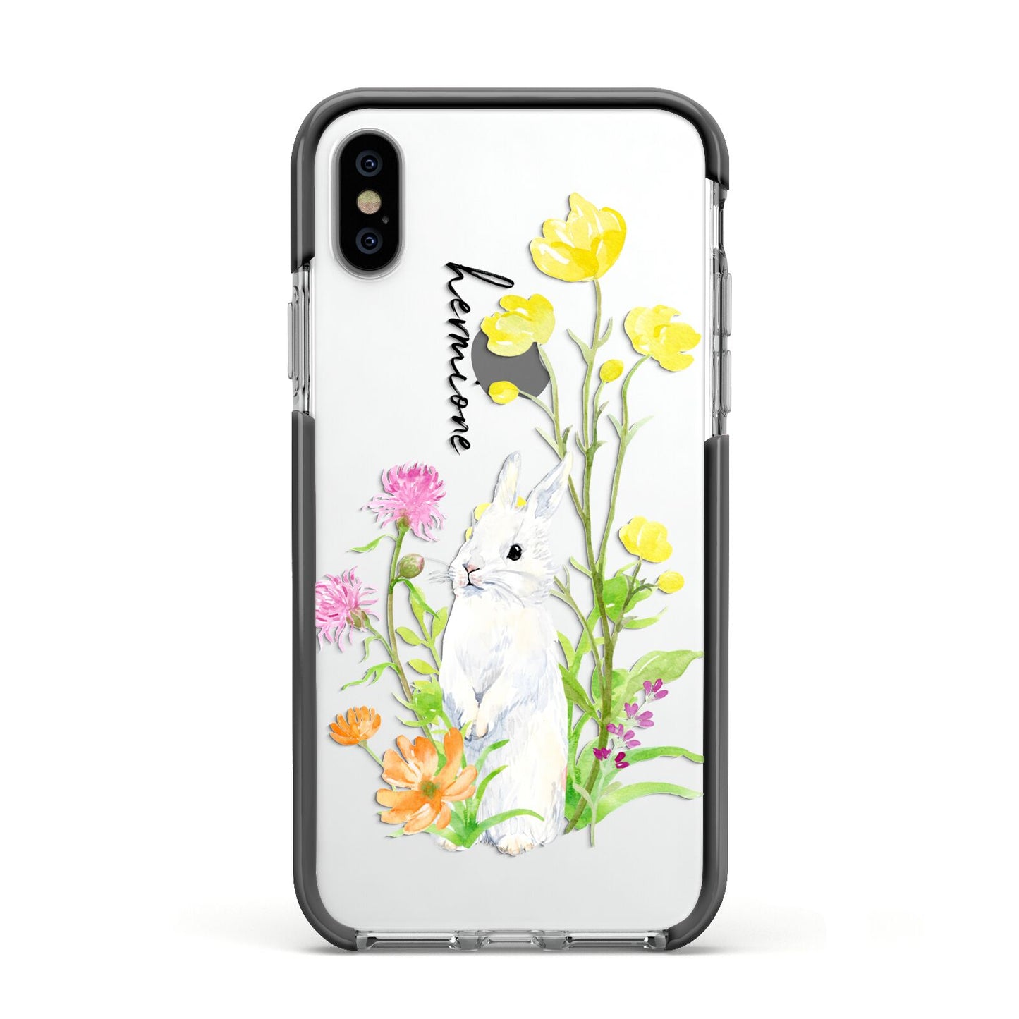 Personalised Bunny Rabbit Apple iPhone Xs Impact Case Black Edge on Silver Phone