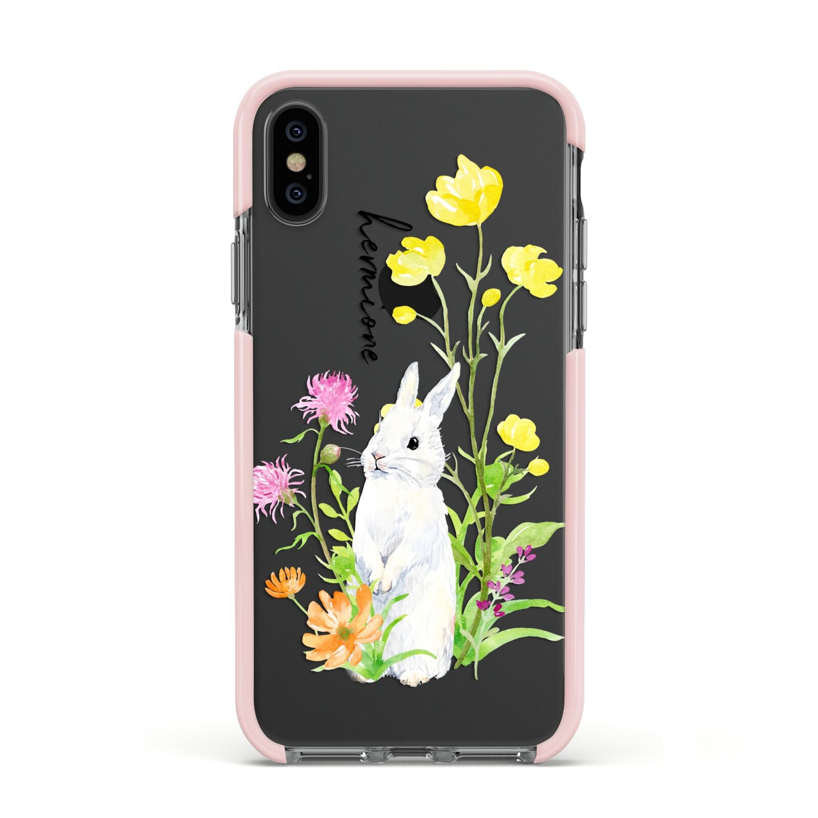 Personalised Bunny Rabbit Apple iPhone Xs Impact Case Pink Edge on Black Phone