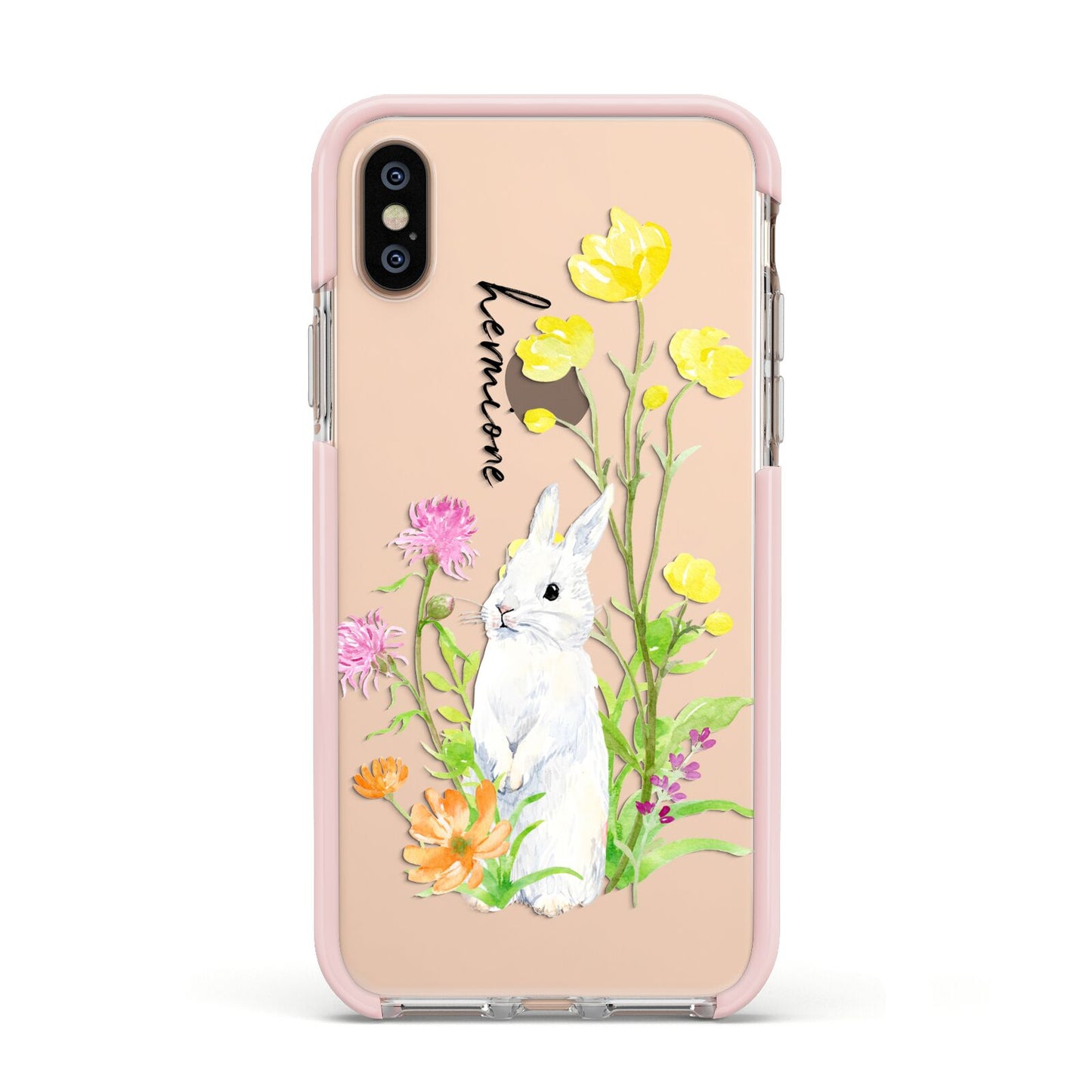 Personalised Bunny Rabbit Apple iPhone Xs Impact Case Pink Edge on Gold Phone