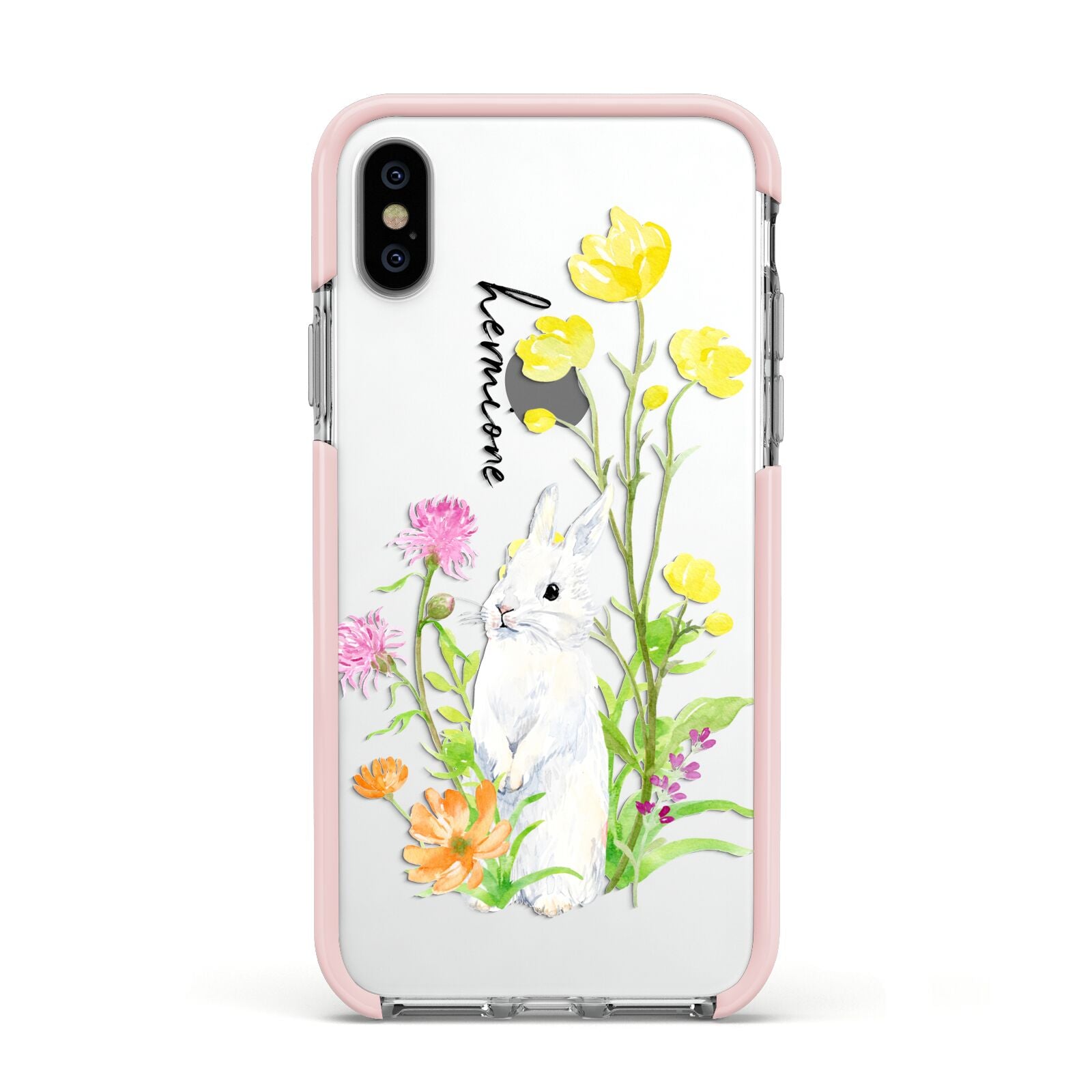 Personalised Bunny Rabbit Apple iPhone Xs Impact Case Pink Edge on Silver Phone