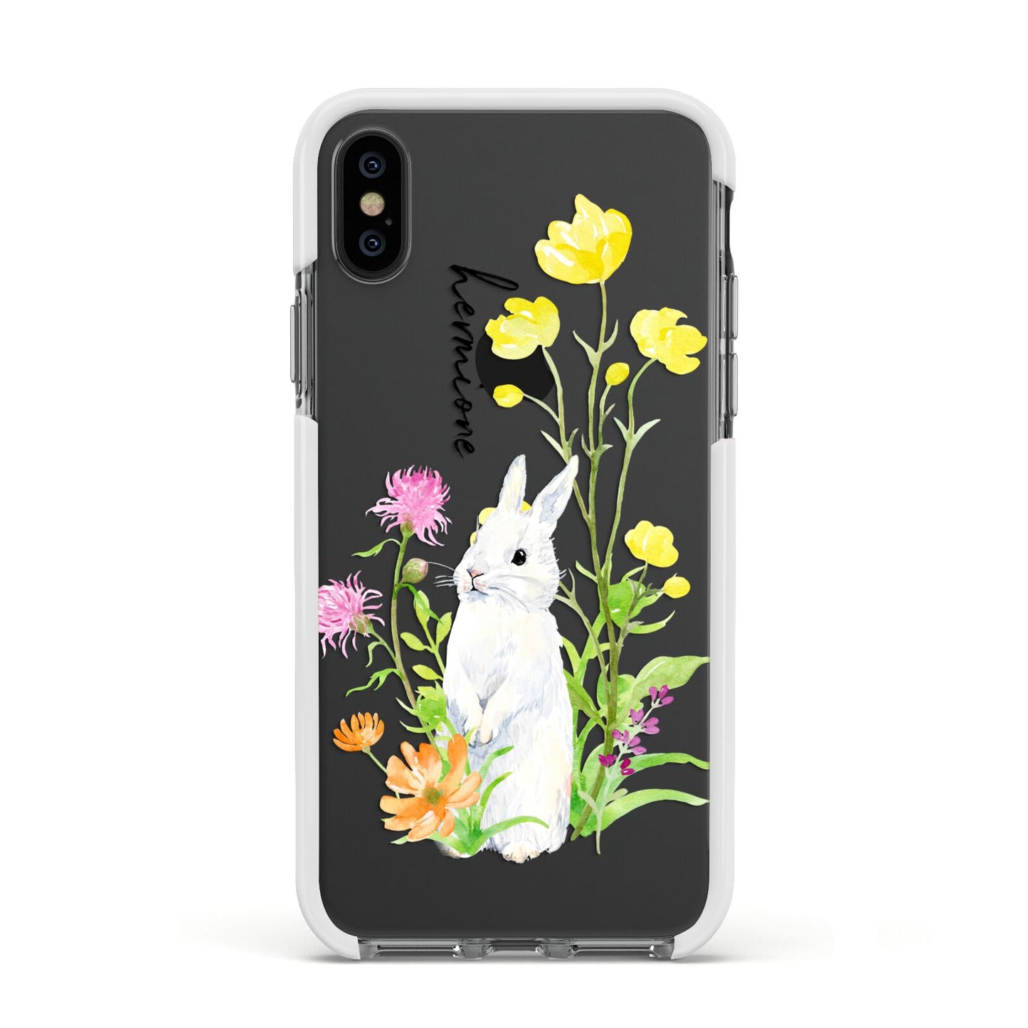 Personalised Bunny Rabbit Apple iPhone Xs Impact Case White Edge on Black Phone