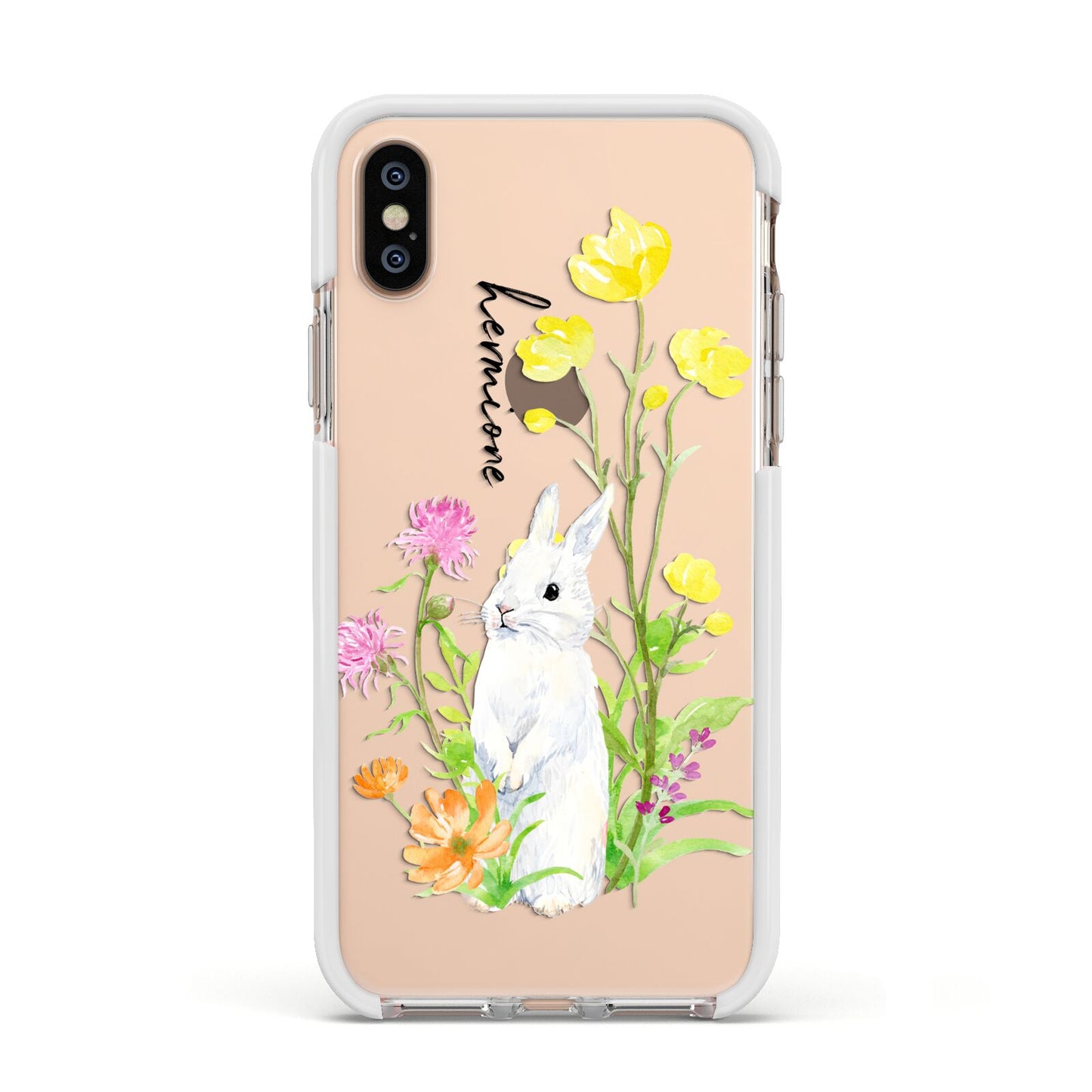 Personalised Bunny Rabbit Apple iPhone Xs Impact Case White Edge on Gold Phone