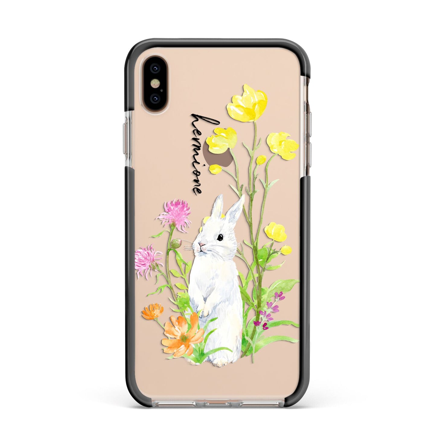 Personalised Bunny Rabbit Apple iPhone Xs Max Impact Case Black Edge on Gold Phone