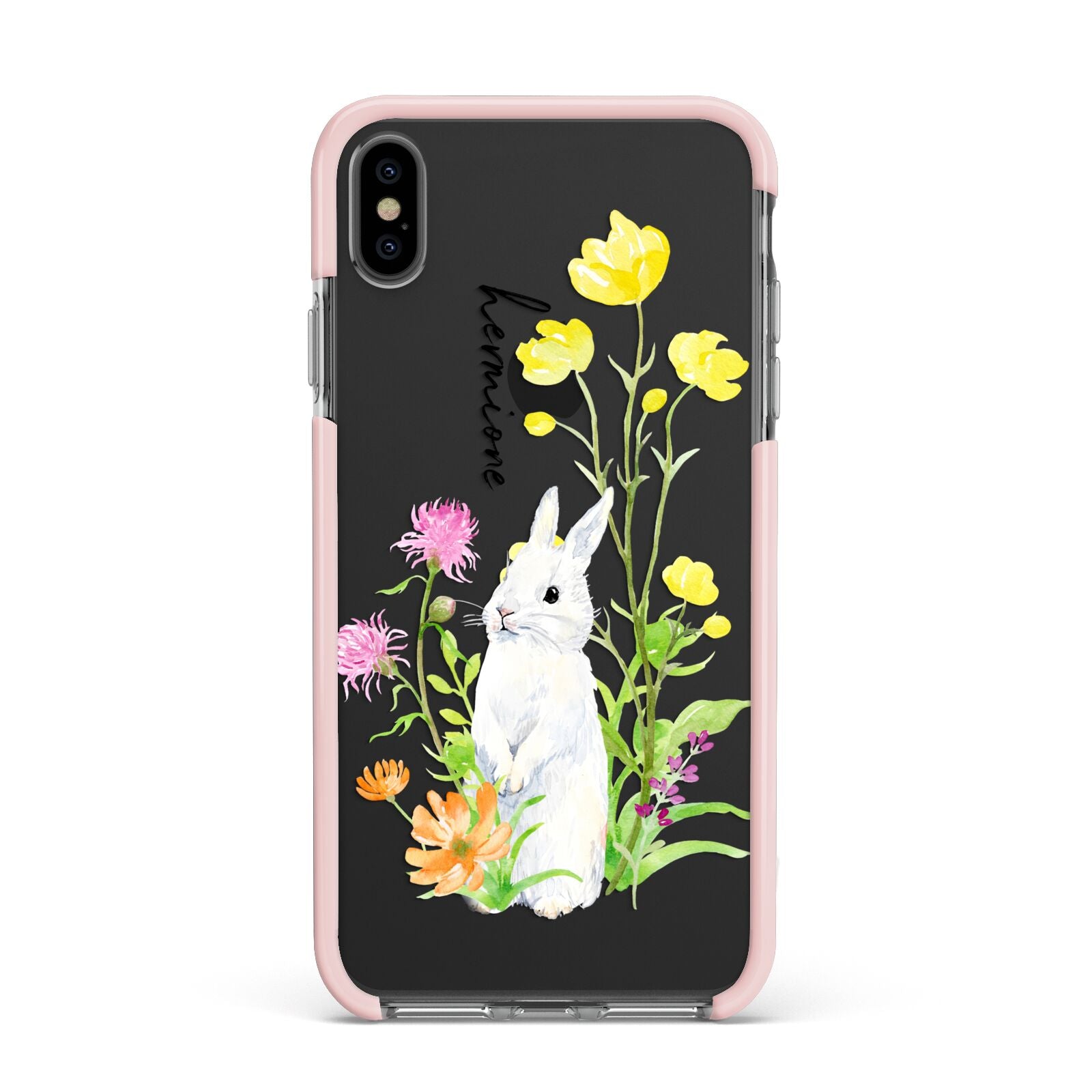 Personalised Bunny Rabbit Apple iPhone Xs Max Impact Case Pink Edge on Black Phone