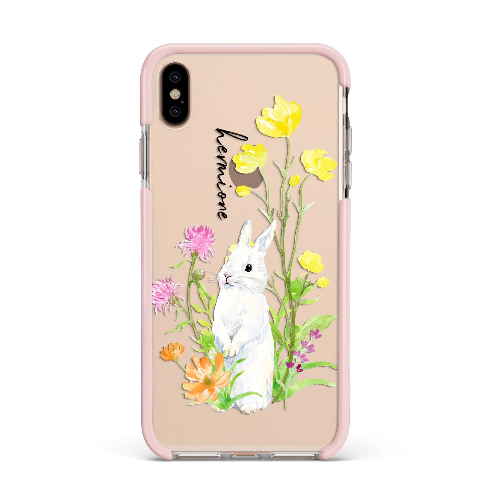 Personalised Bunny Rabbit Apple iPhone Xs Max Impact Case Pink Edge on Gold Phone