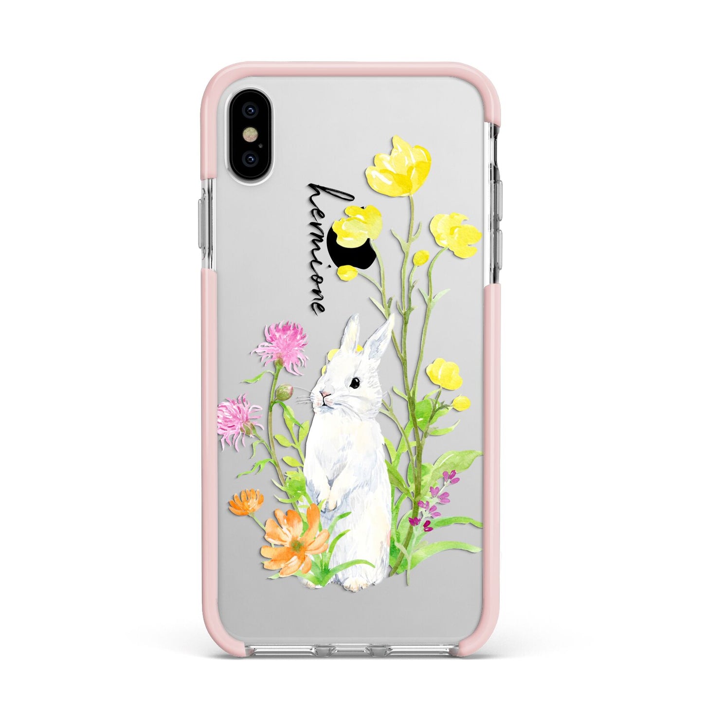 Personalised Bunny Rabbit Apple iPhone Xs Max Impact Case Pink Edge on Silver Phone