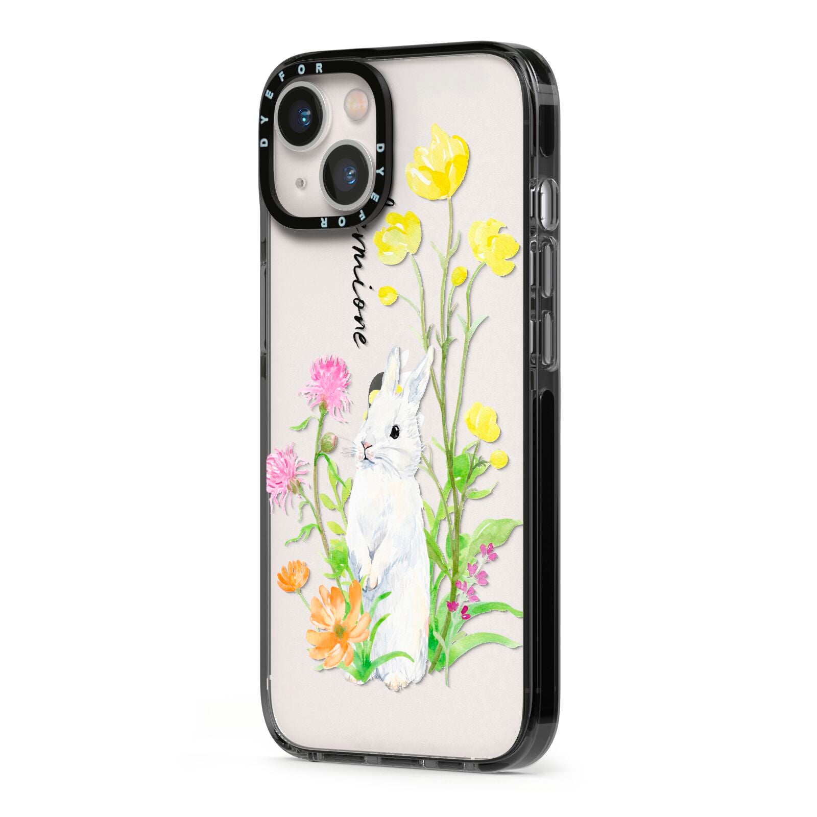 Personalised Bunny Rabbit iPhone 13 Black Impact Case Side Angle on Silver phone