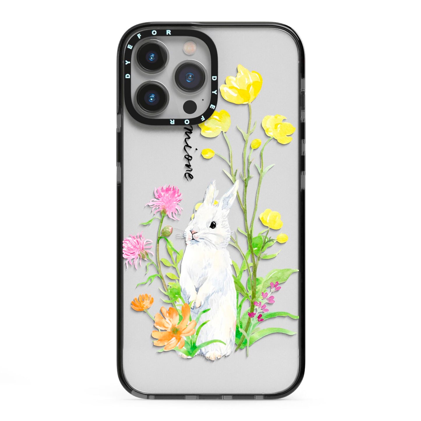 Personalised Bunny Rabbit iPhone 13 Pro Max Black Impact Case on Silver phone