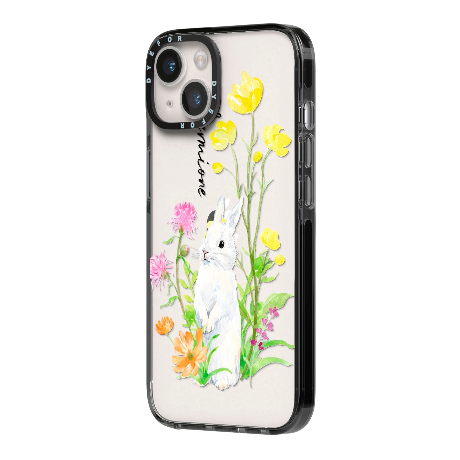 Personalised Bunny Rabbit iPhone 14 Black Impact Case Side Angle on Silver phone