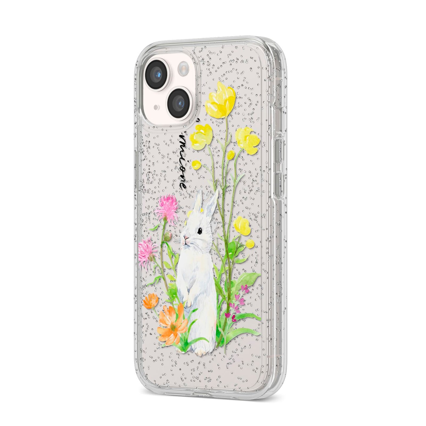 Personalised Bunny Rabbit iPhone 14 Glitter Tough Case Starlight Angled Image