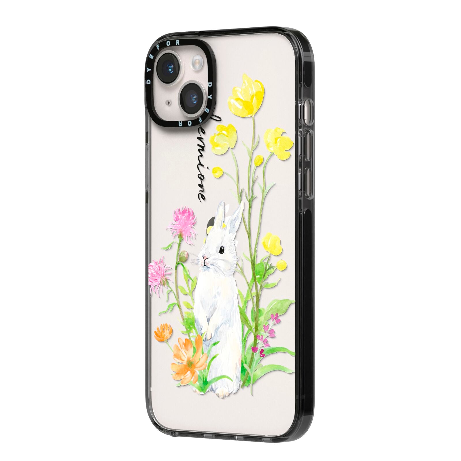 Personalised Bunny Rabbit iPhone 14 Plus Black Impact Case Side Angle on Silver phone
