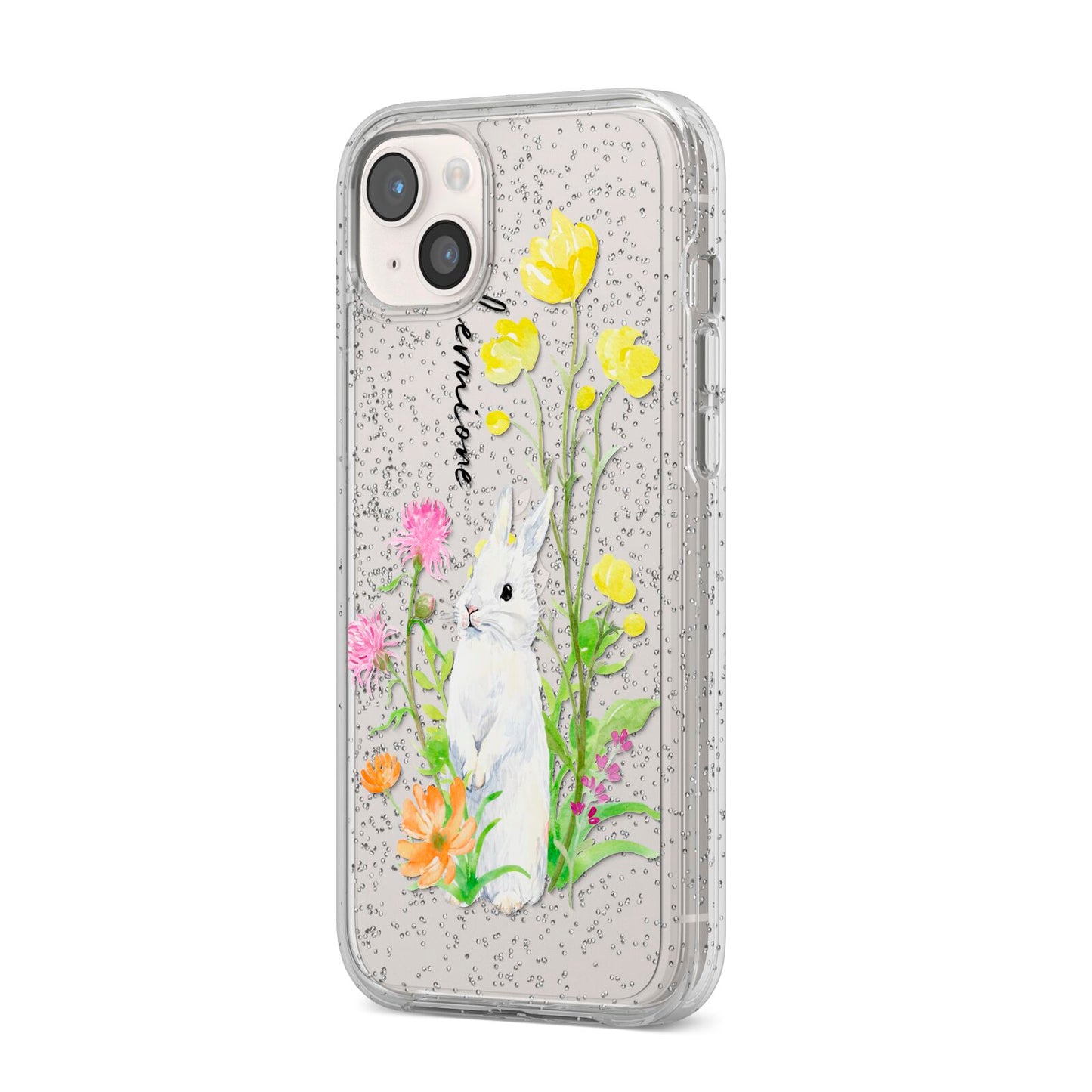 Personalised Bunny Rabbit iPhone 14 Plus Glitter Tough Case Starlight Angled Image