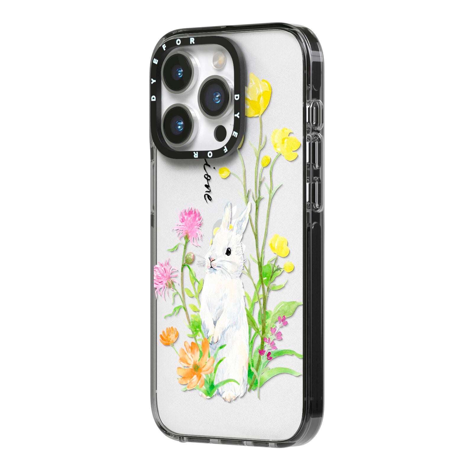 Personalised Bunny Rabbit iPhone 14 Pro Black Impact Case Side Angle on Silver phone