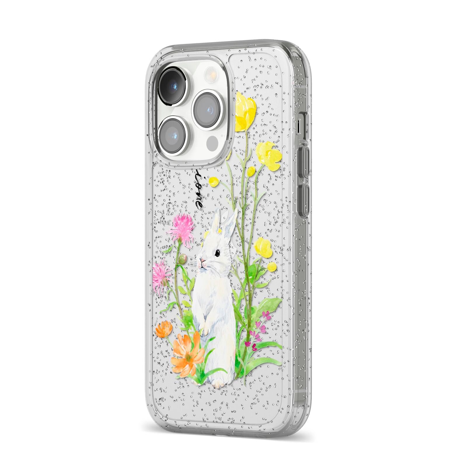 Personalised Bunny Rabbit iPhone 14 Pro Glitter Tough Case Silver Angled Image