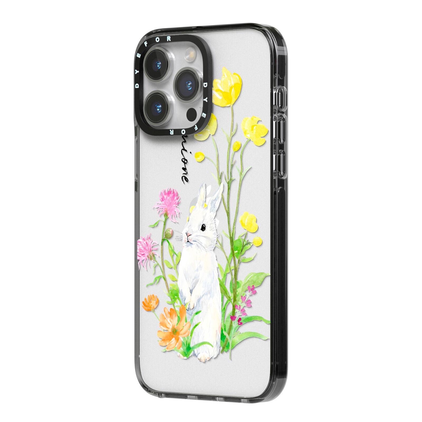 Personalised Bunny Rabbit iPhone 14 Pro Max Black Impact Case Side Angle on Silver phone
