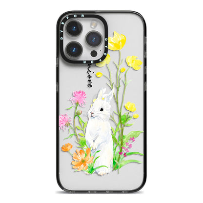 Personalised Bunny Rabbit iPhone 14 Pro Max Black Impact Case on Silver phone